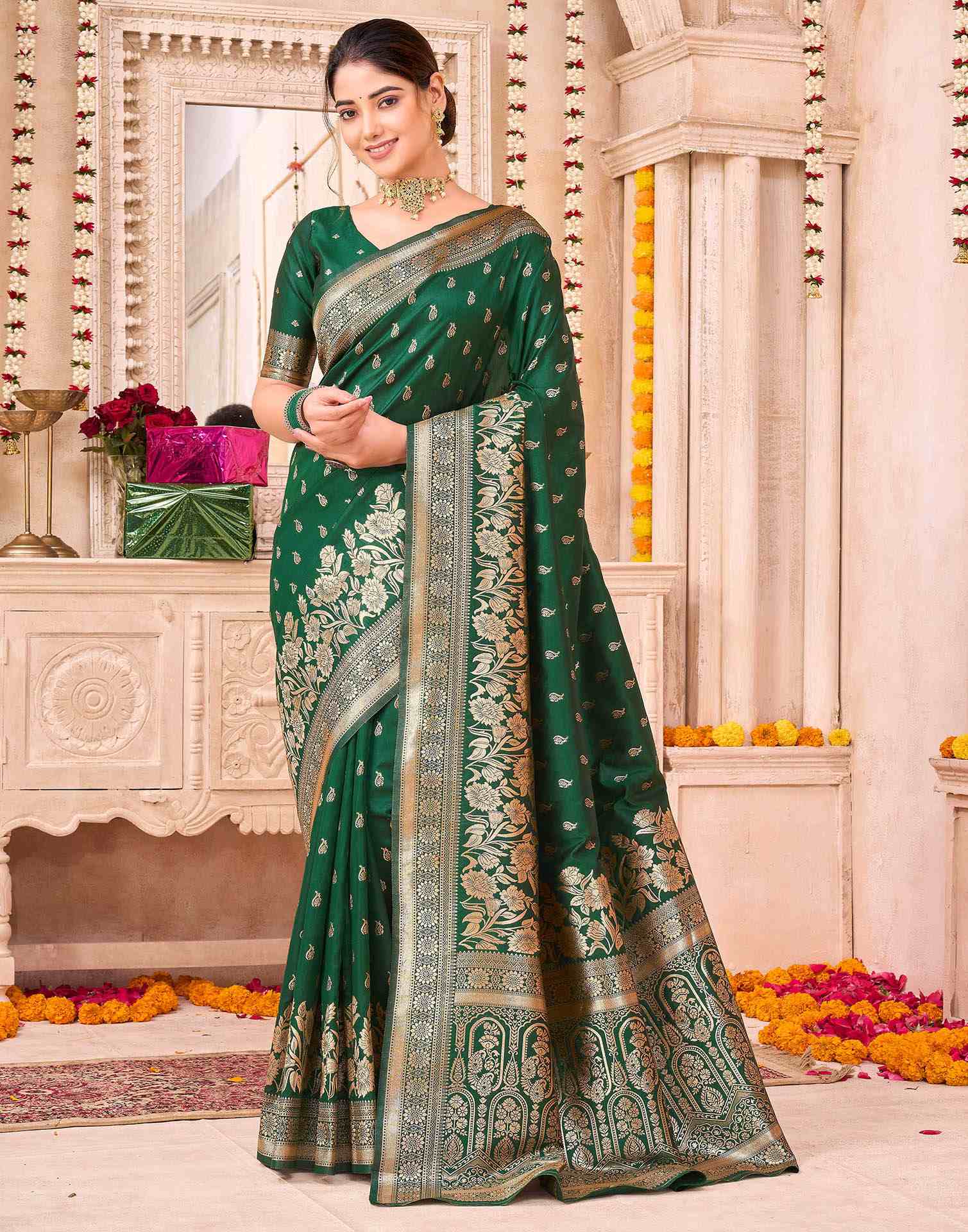 Dark Green Silk Woven Saree