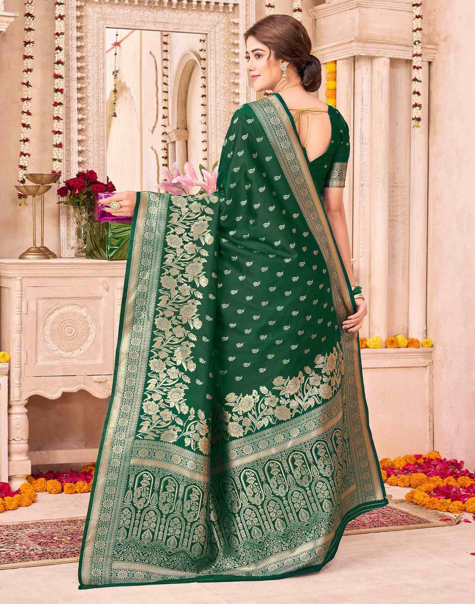 Dark Green Silk Woven Saree