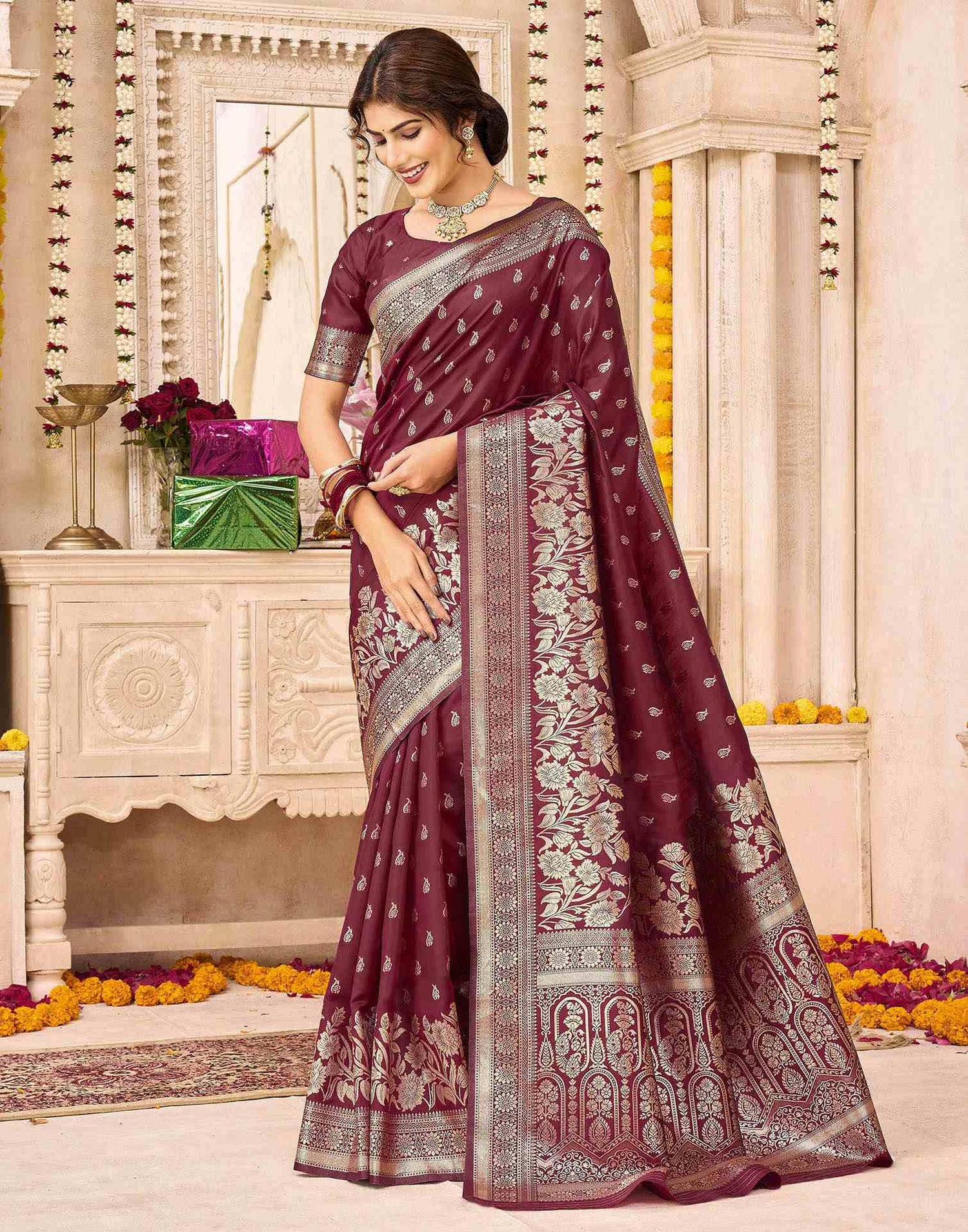 Maroon Silk Woven Saree