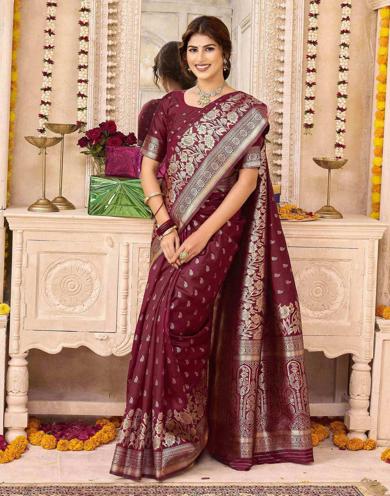 Maroon Silk Woven Saree