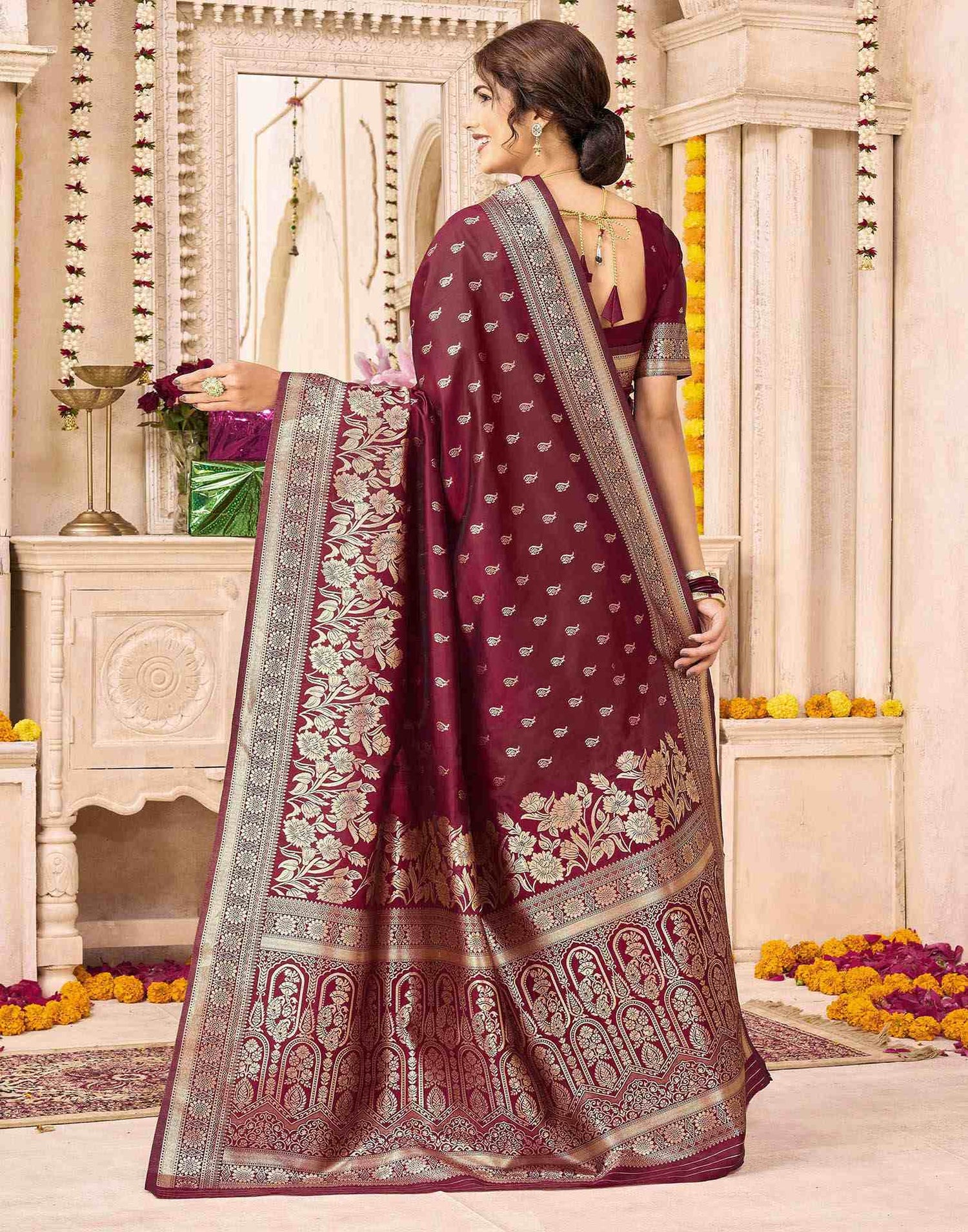 Maroon Silk Woven Saree