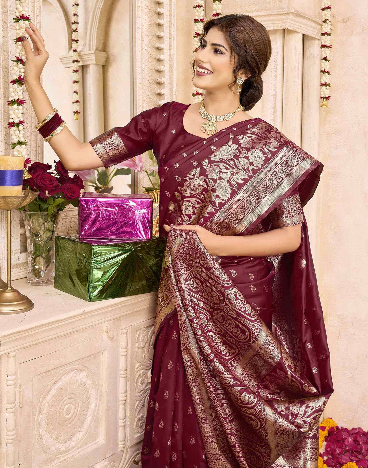 Maroon Silk Woven Saree