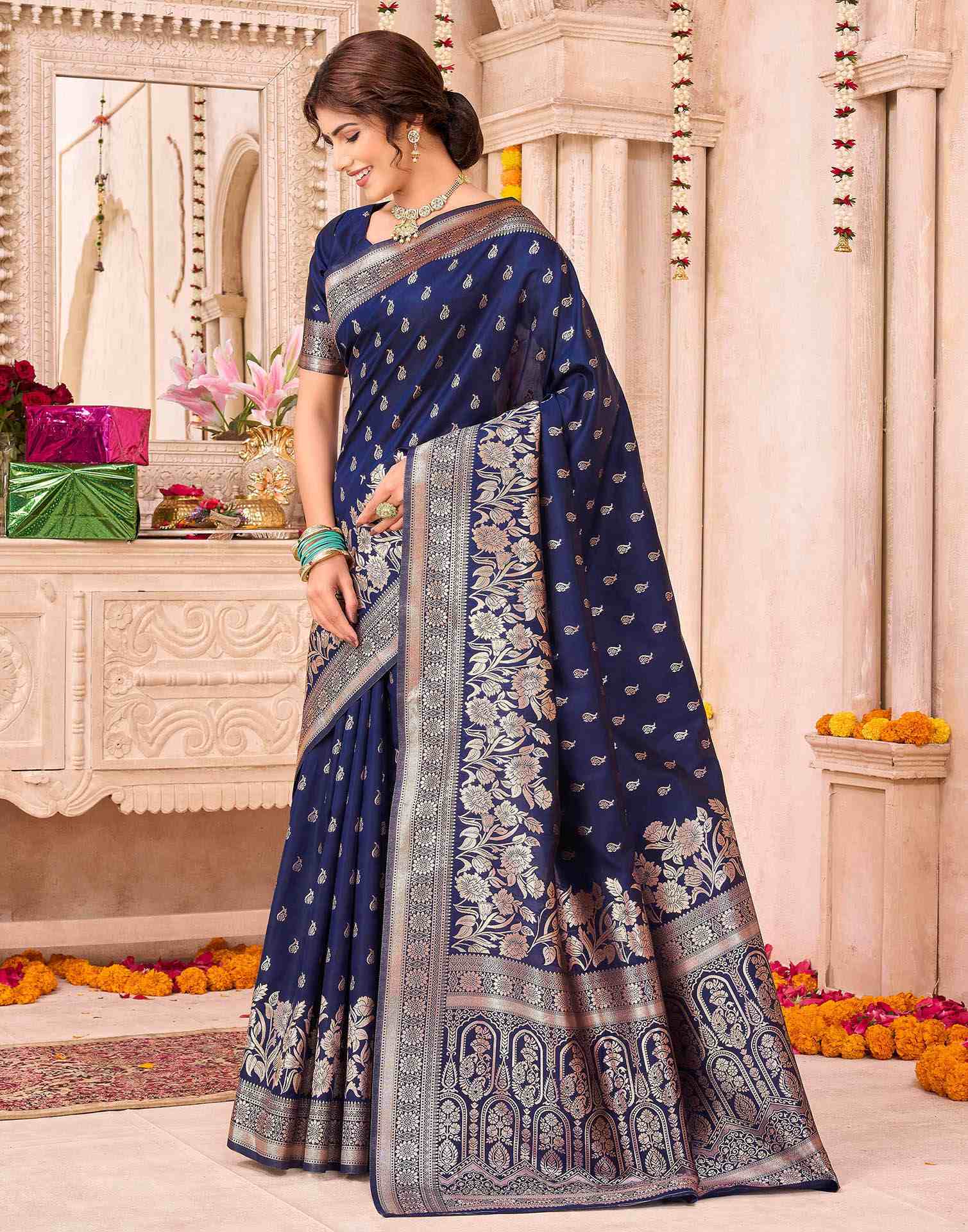 Navy Blue Silk Woven Saree