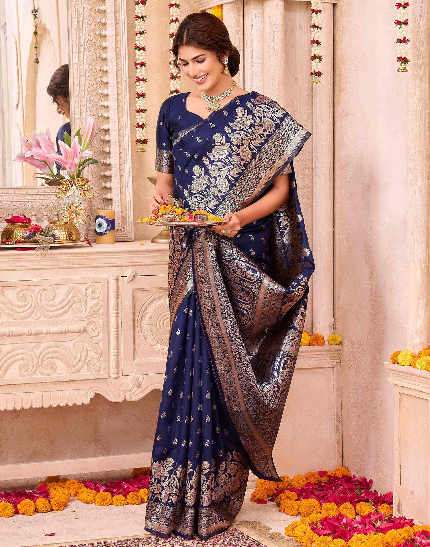 Navy Blue Silk Woven Saree