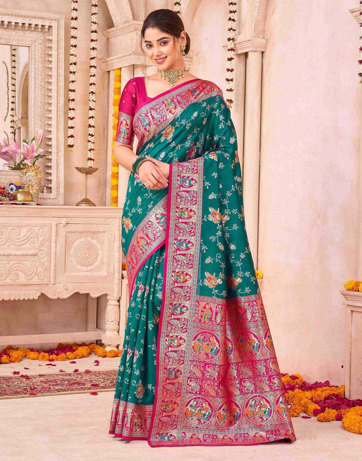 Teal Green Silk Woven Saree