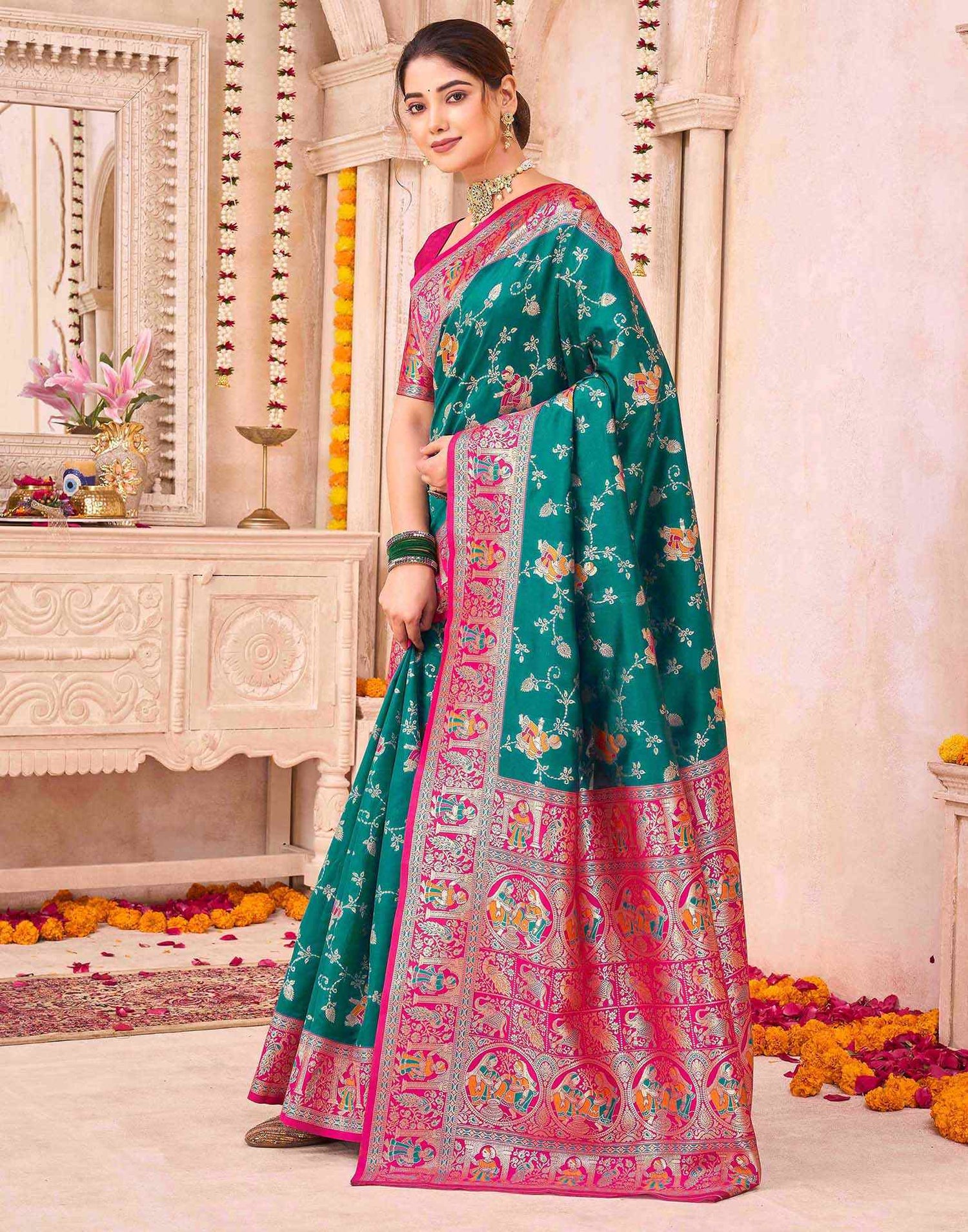 Teal Green Silk Woven Saree