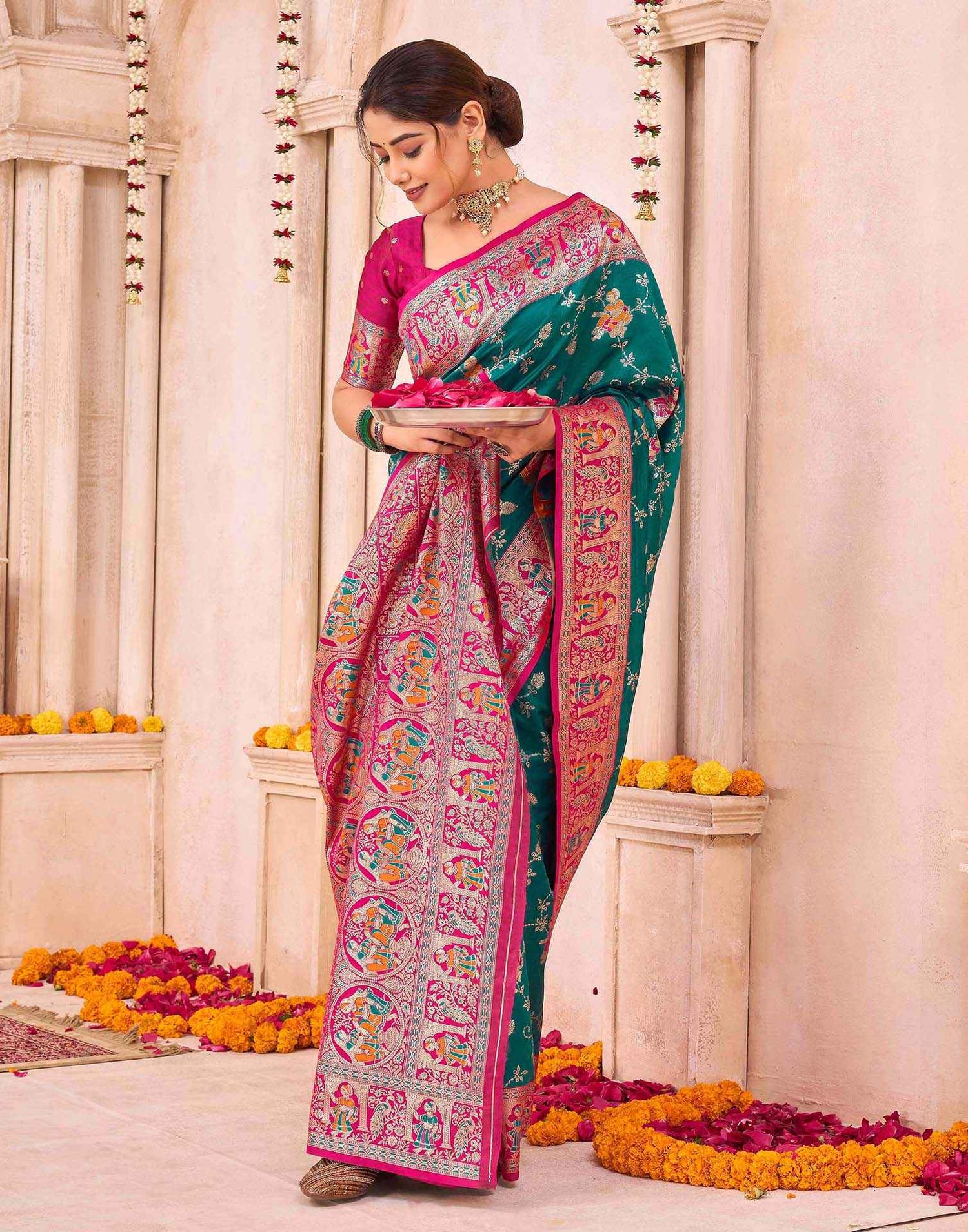 Teal Green Silk Woven Saree
