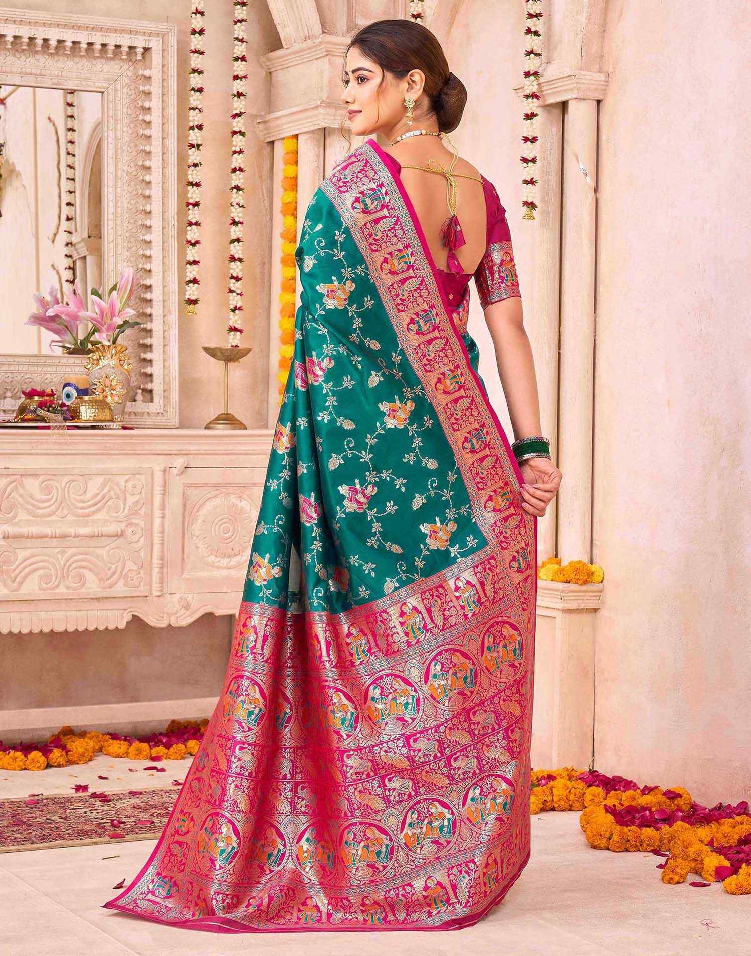 Teal Green Silk Woven Saree