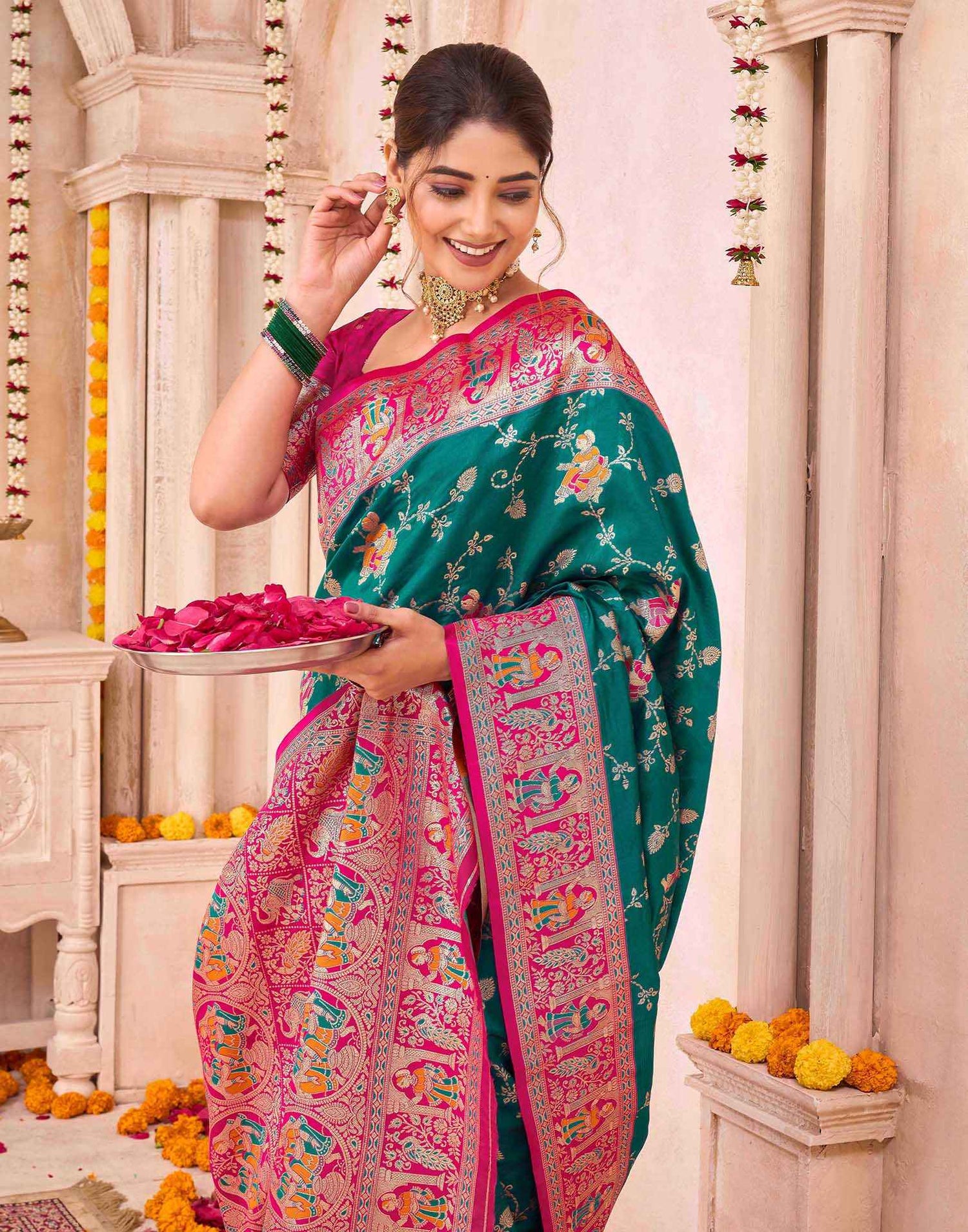 Teal Green Silk Woven Saree