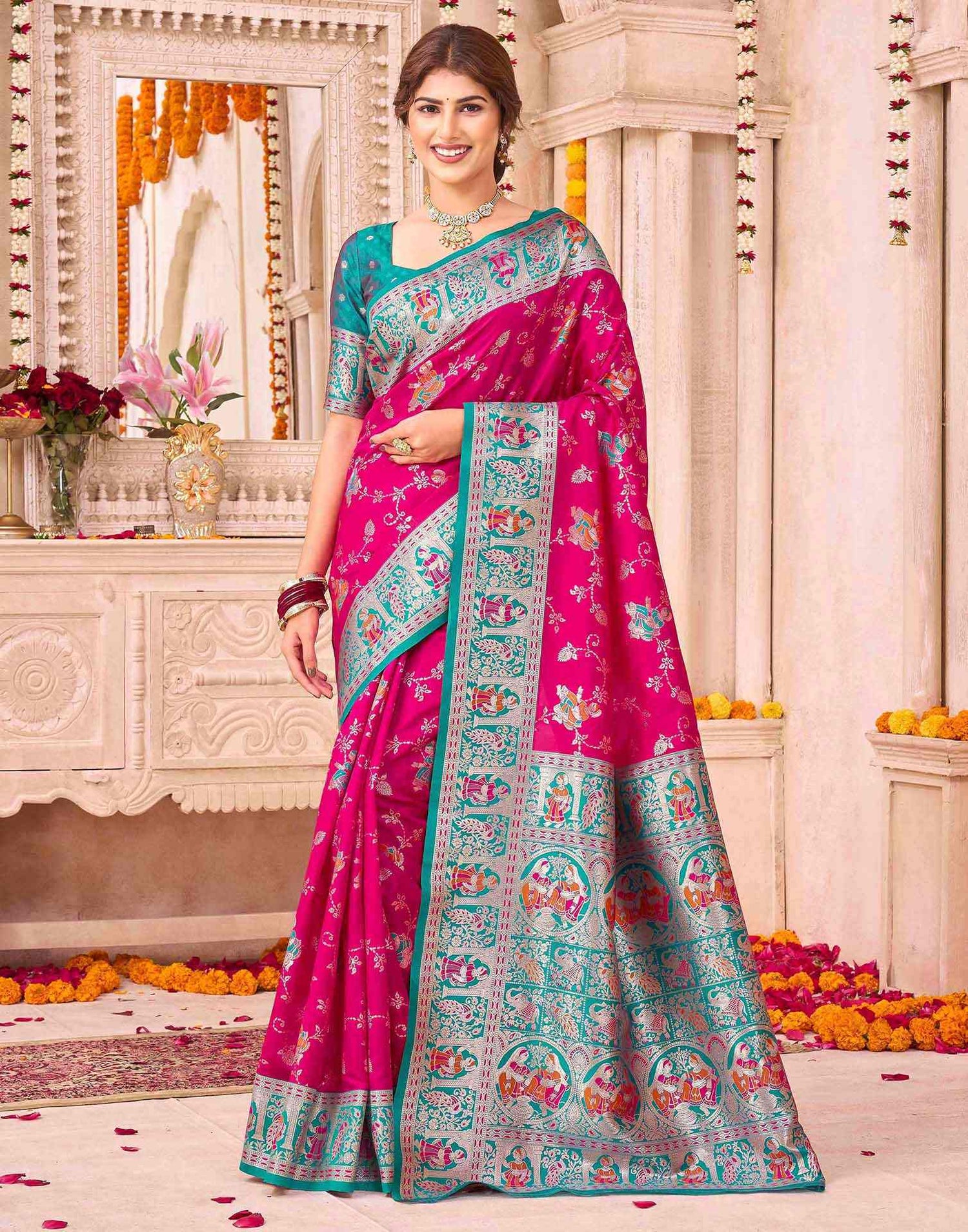 Dark Pink Silk Woven Saree