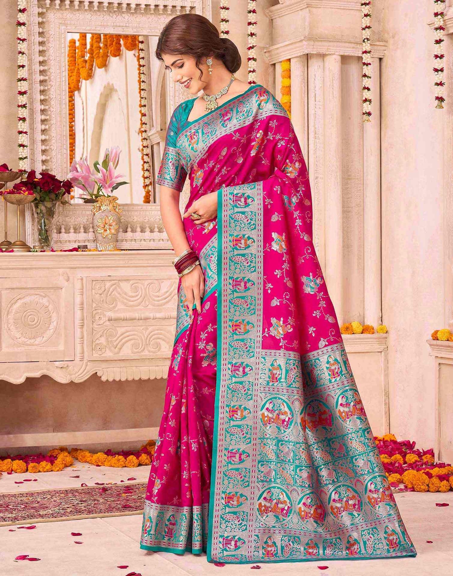 Dark Pink Silk Woven Saree