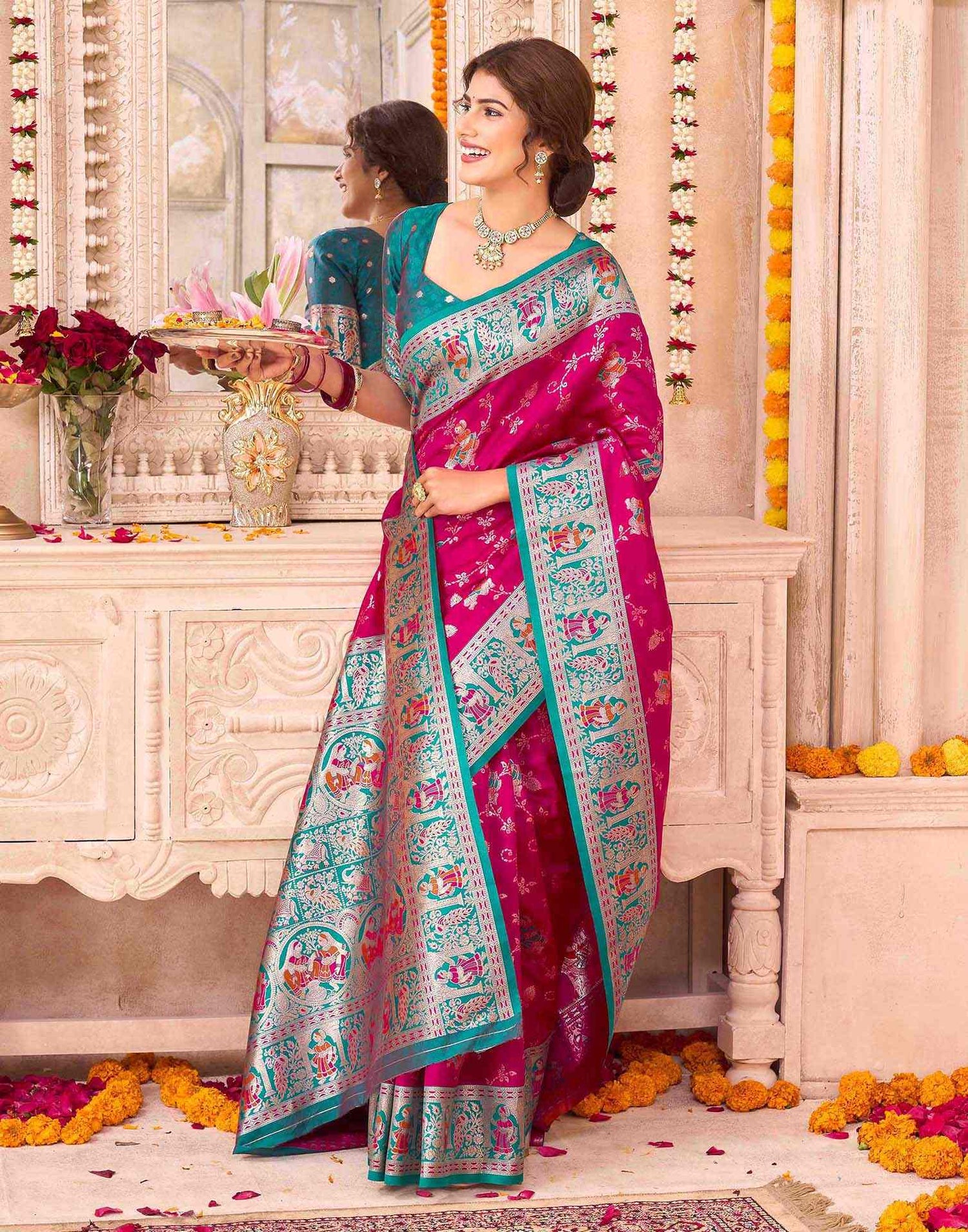 Dark Pink Silk Woven Saree