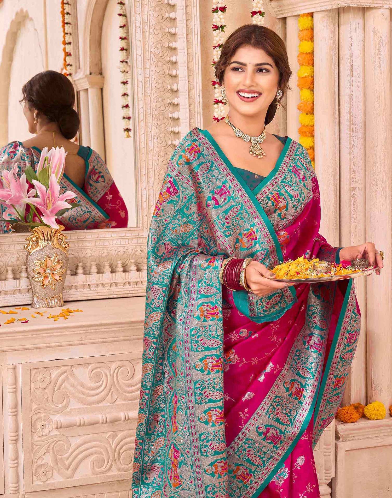 Dark Pink Silk Woven Saree