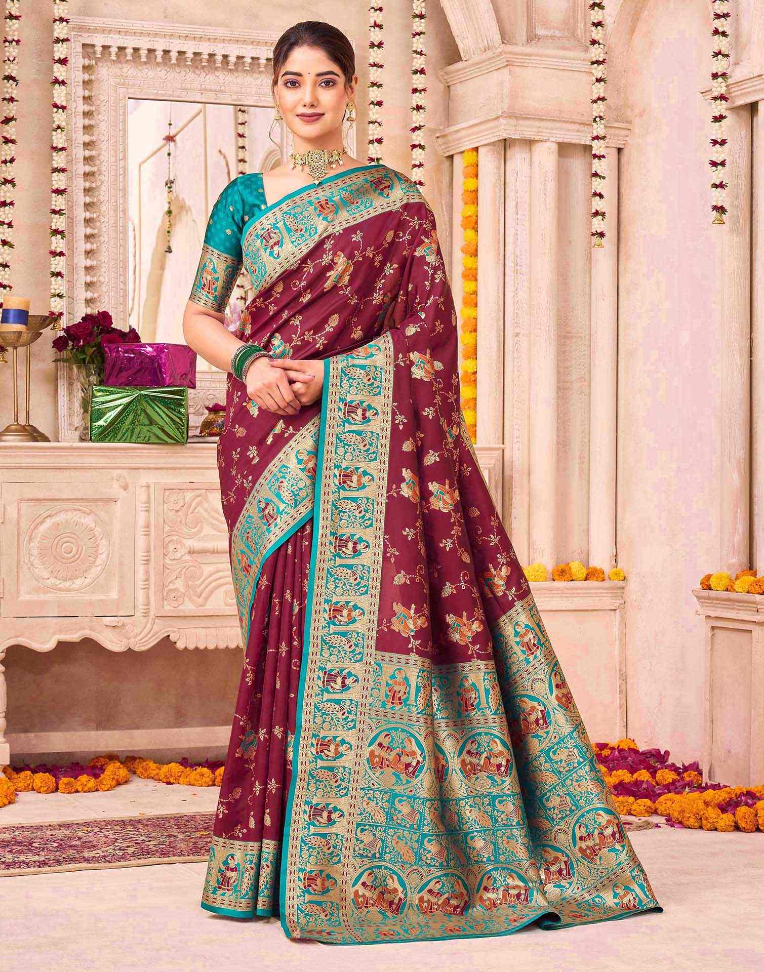Maroon Silk Woven Saree