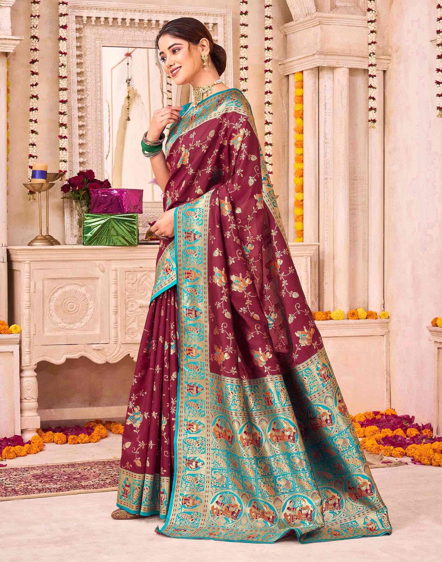 Maroon Silk Woven Saree
