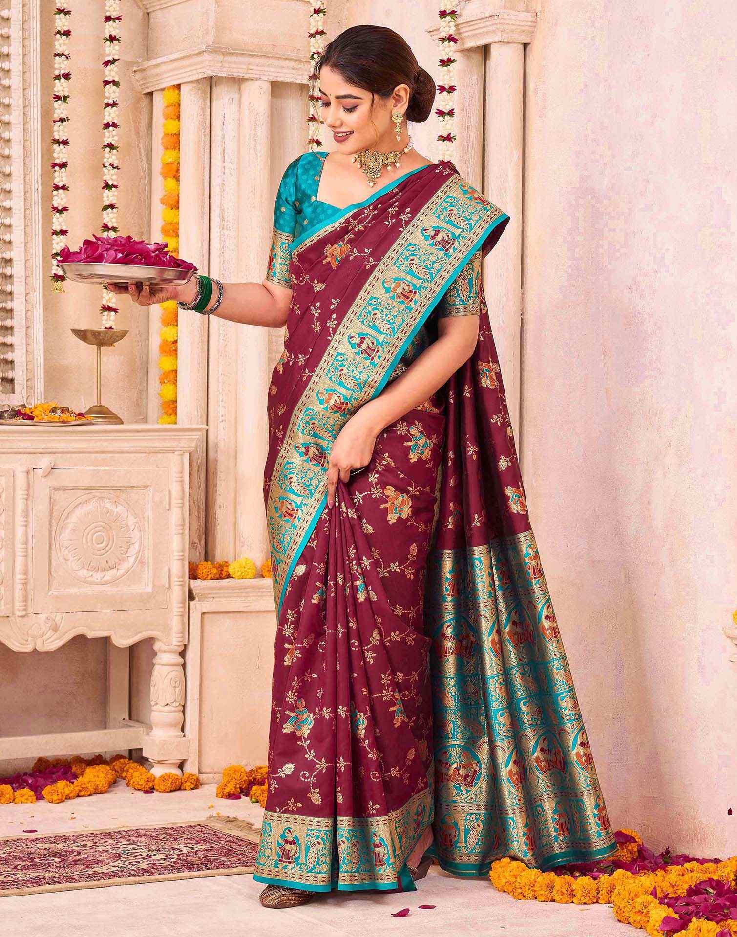 Maroon Silk Woven Saree