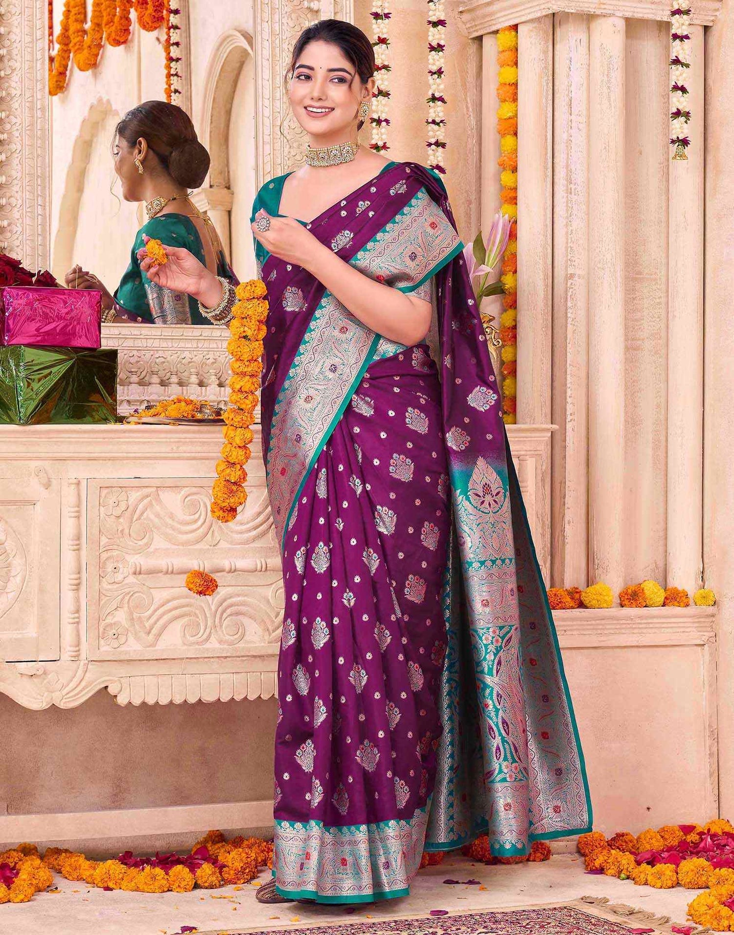 Wine Silk Woven Saree