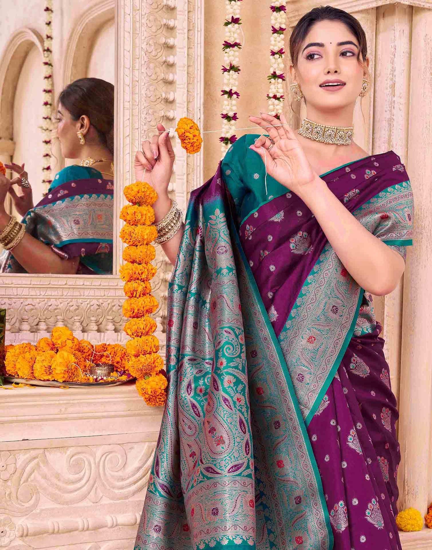 Wine Silk Woven Saree
