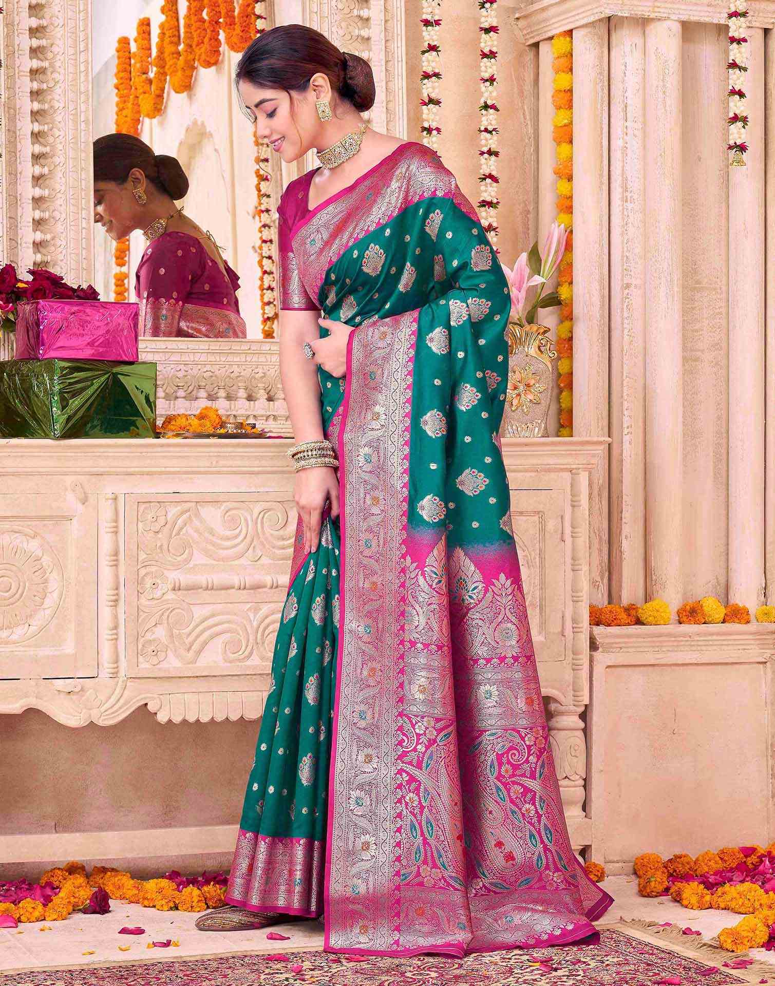 Teal Green Silk Woven Saree