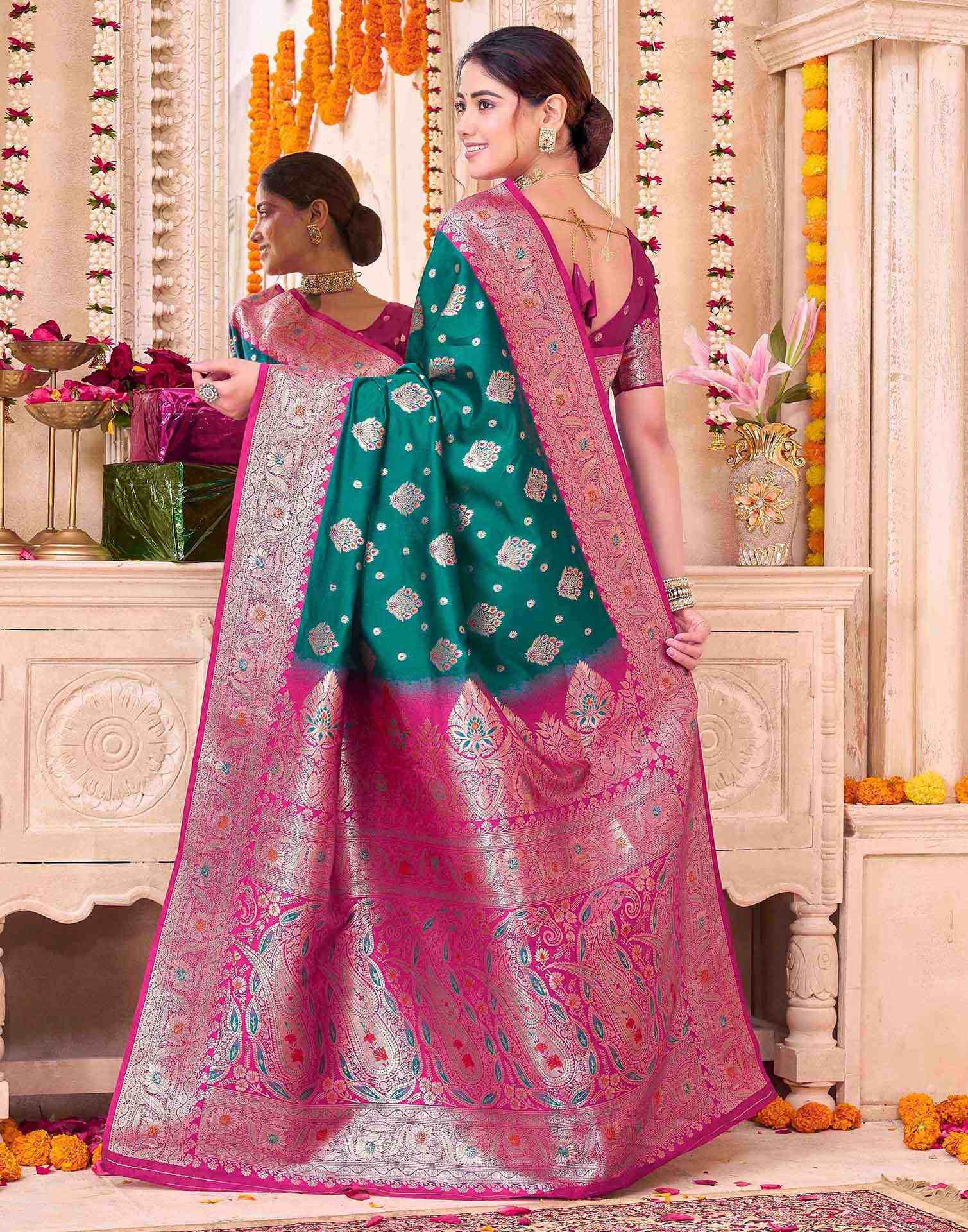 Teal Green Silk Woven Saree