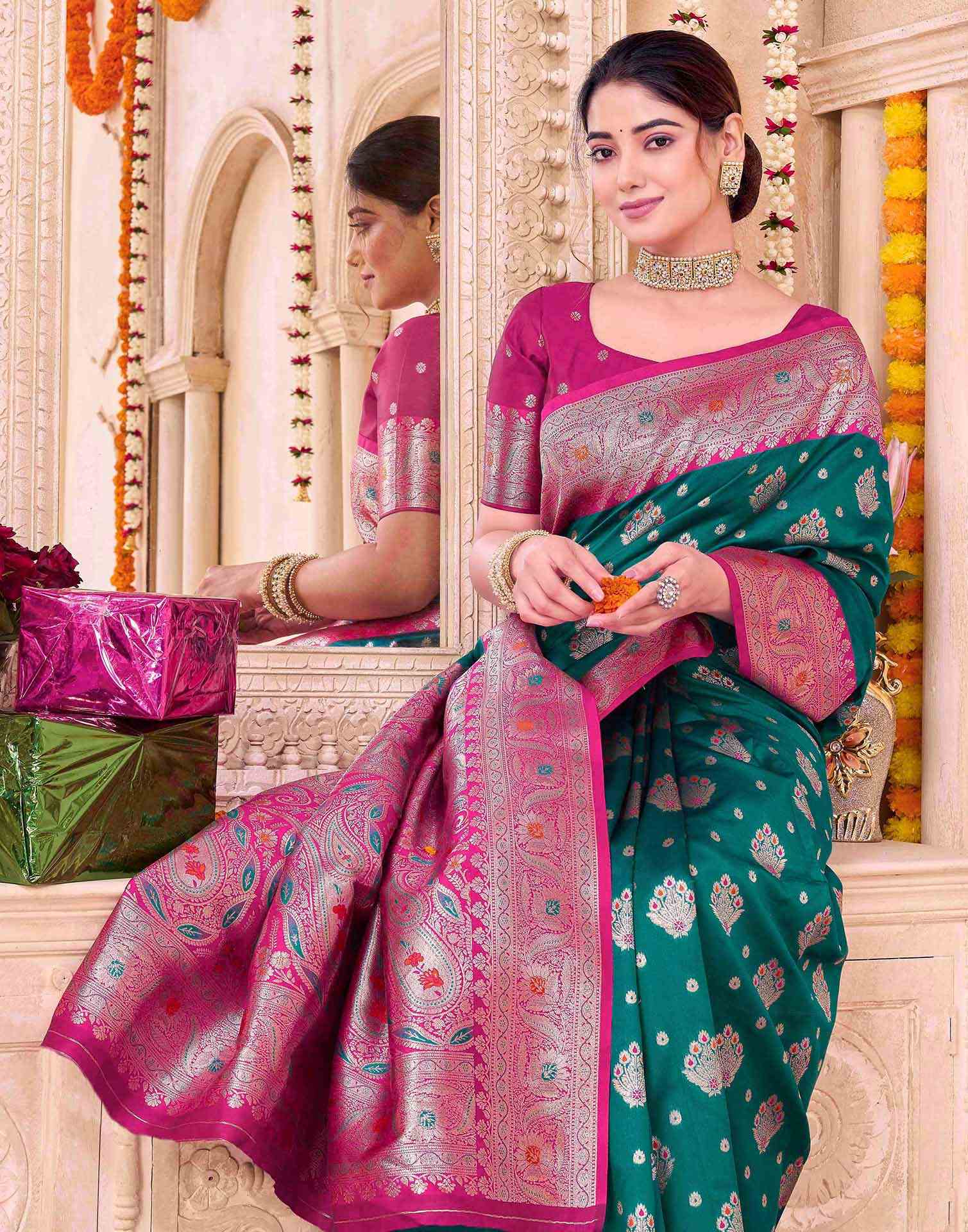 Teal Green Silk Woven Saree