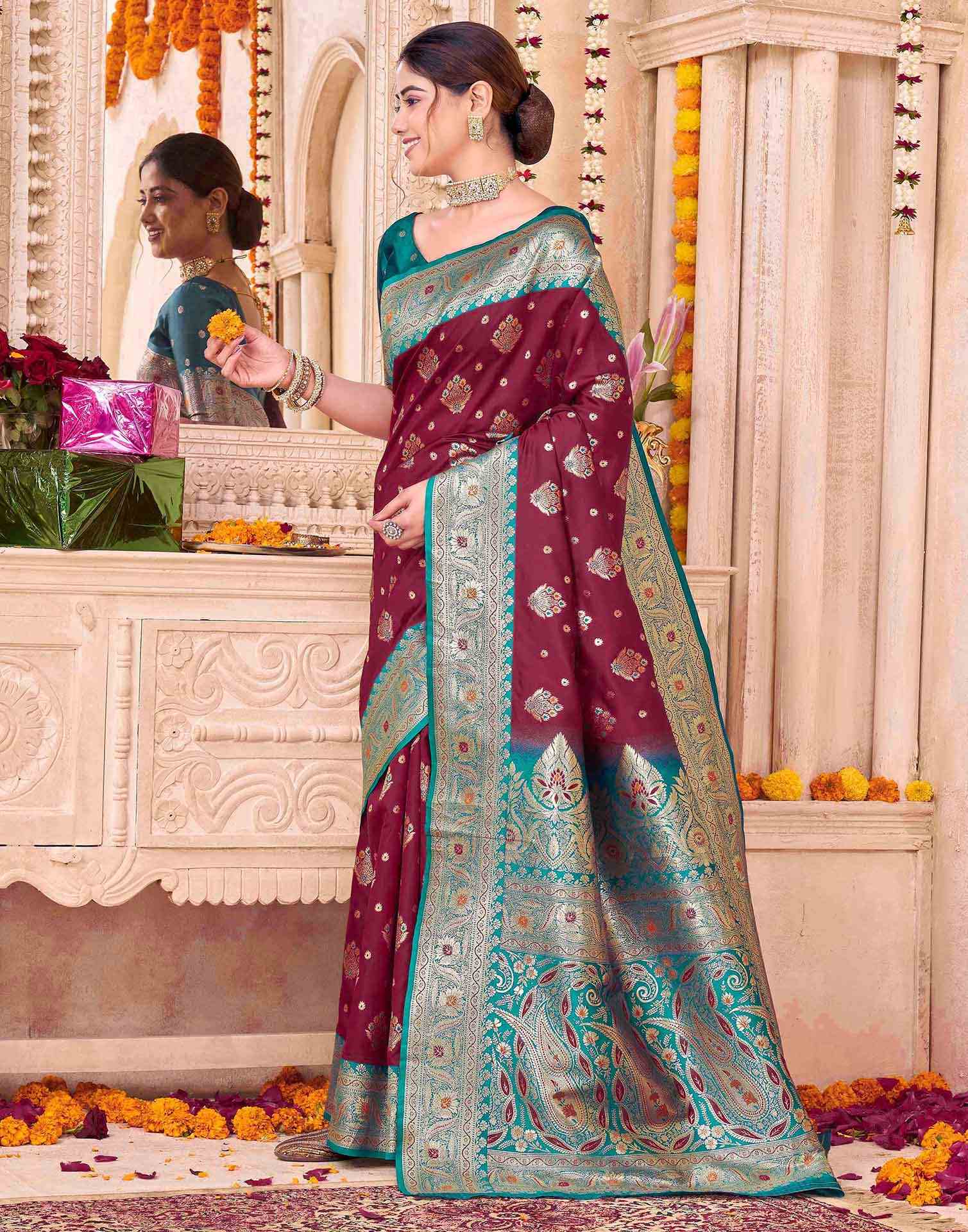 Maroon Silk Woven Saree