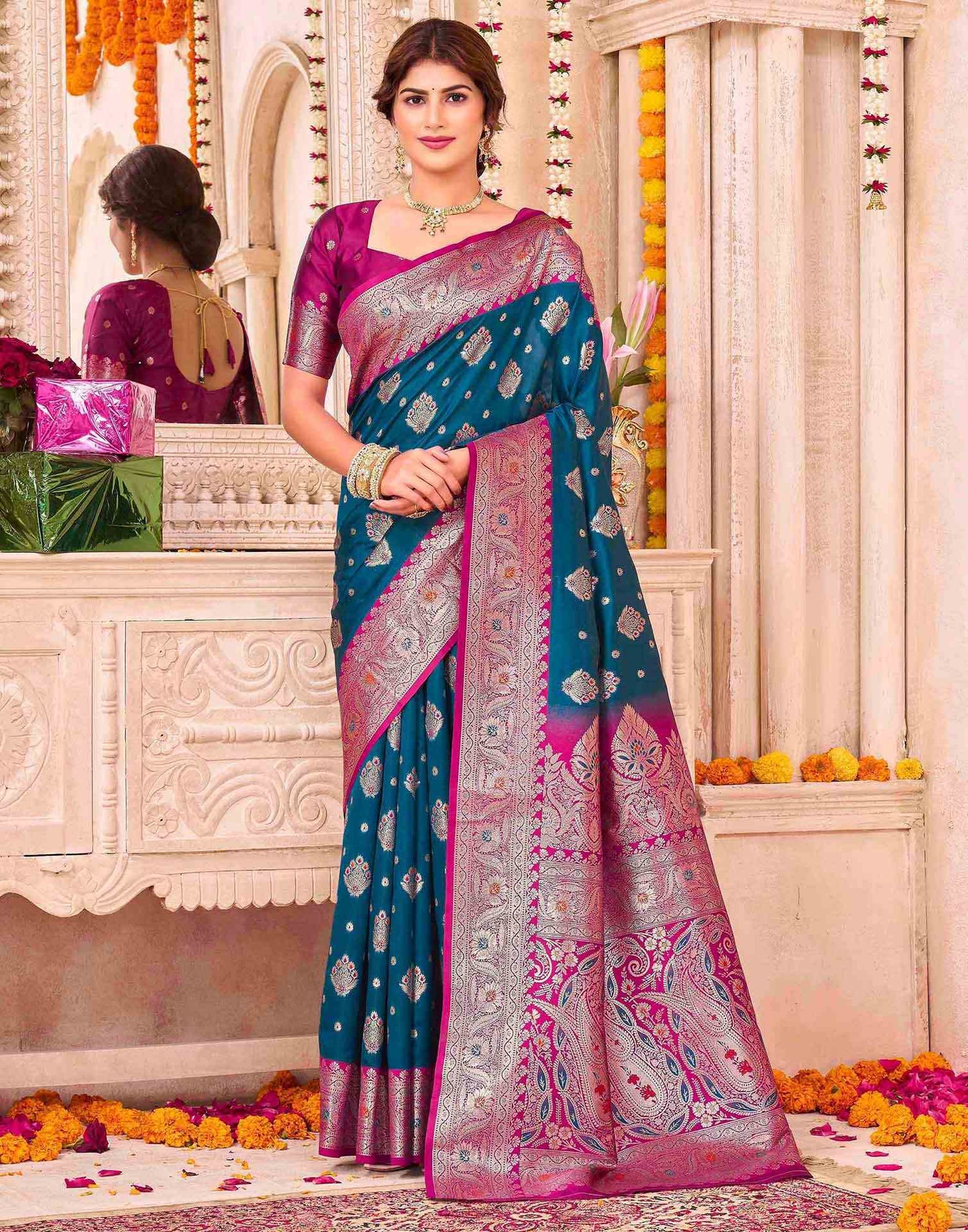 Peacock Blue Silk Woven Saree