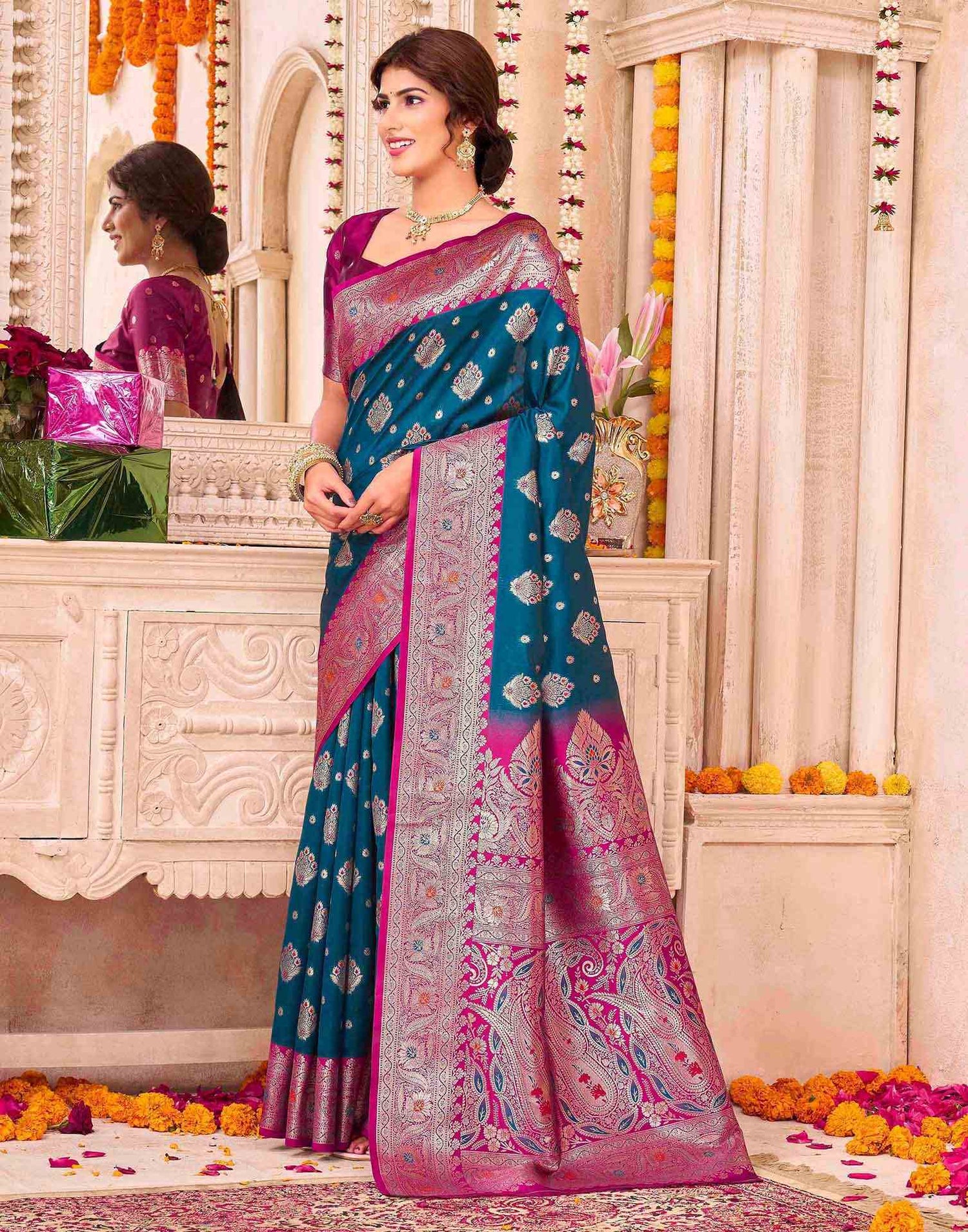 Peacock Blue Silk Woven Saree