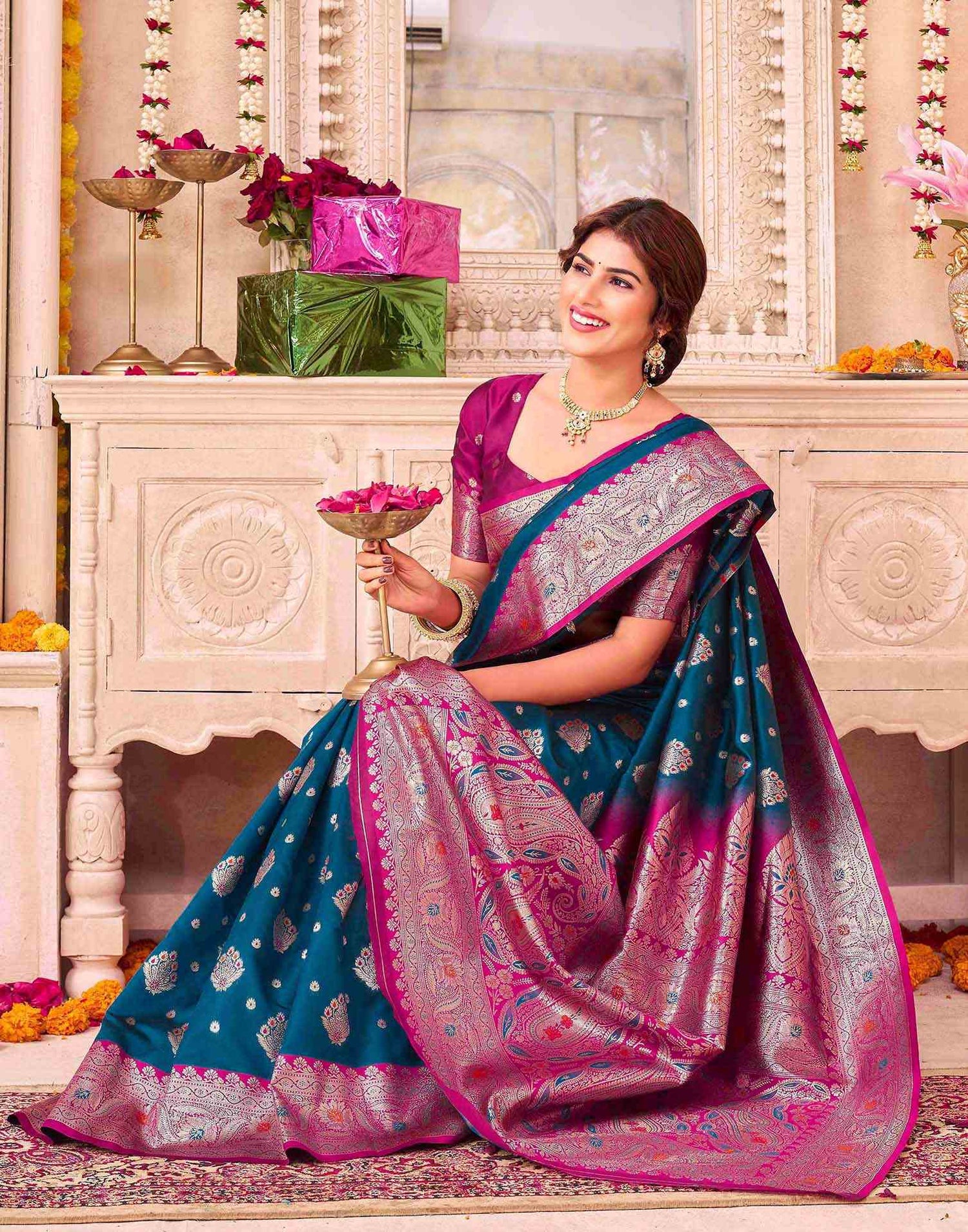 Peacock Blue Silk Woven Saree