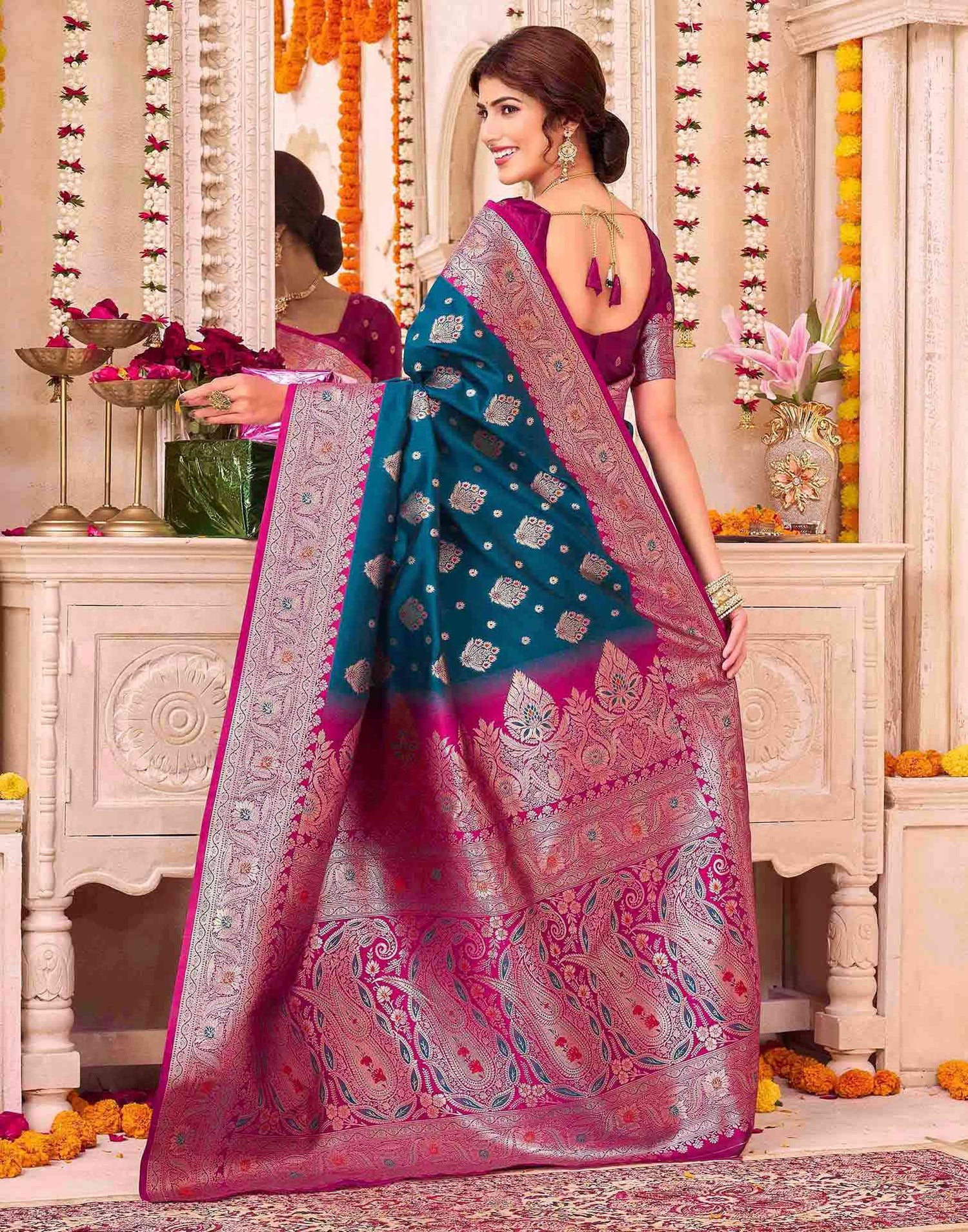 Peacock Blue Silk Woven Saree