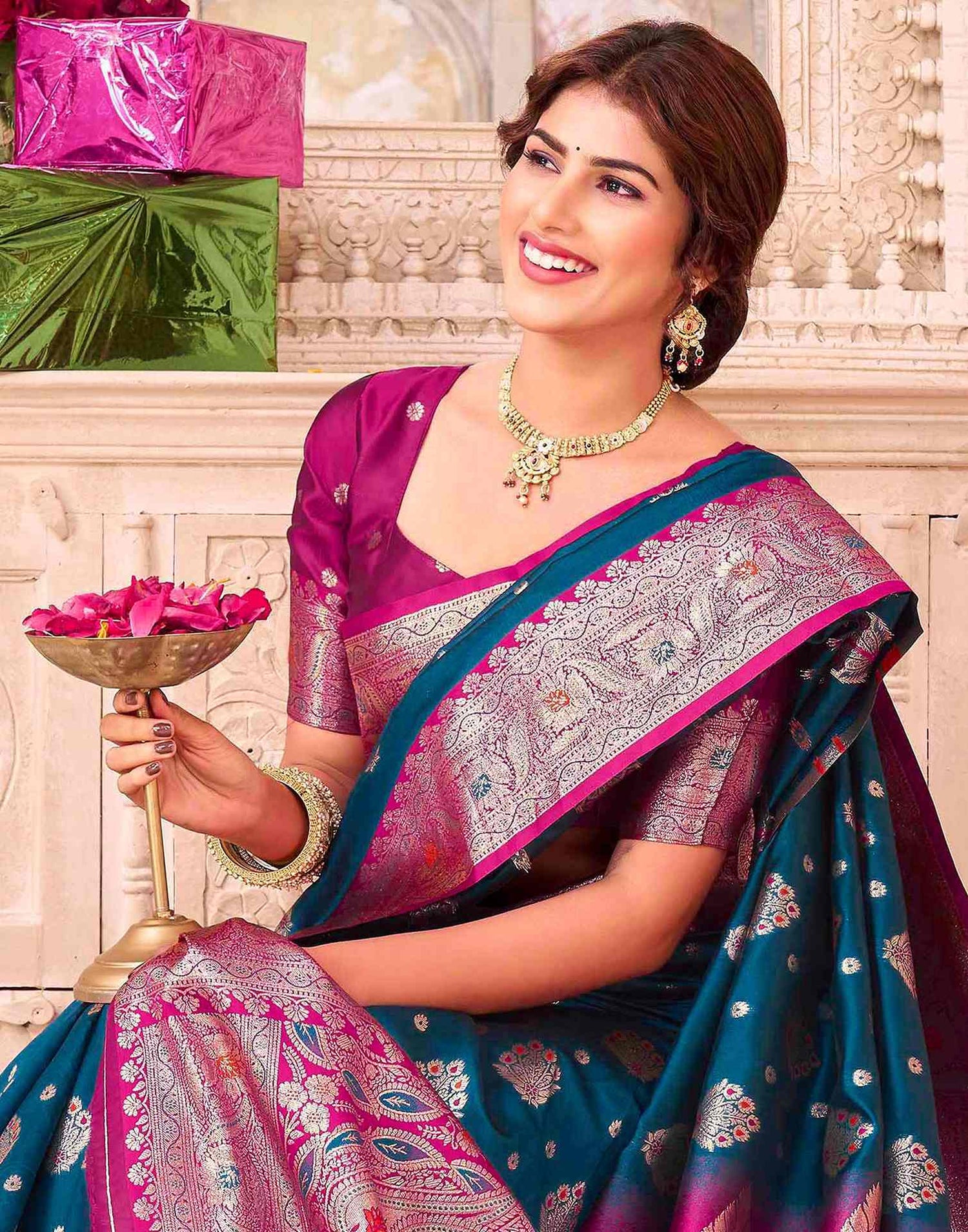 Peacock Blue Silk Woven Saree