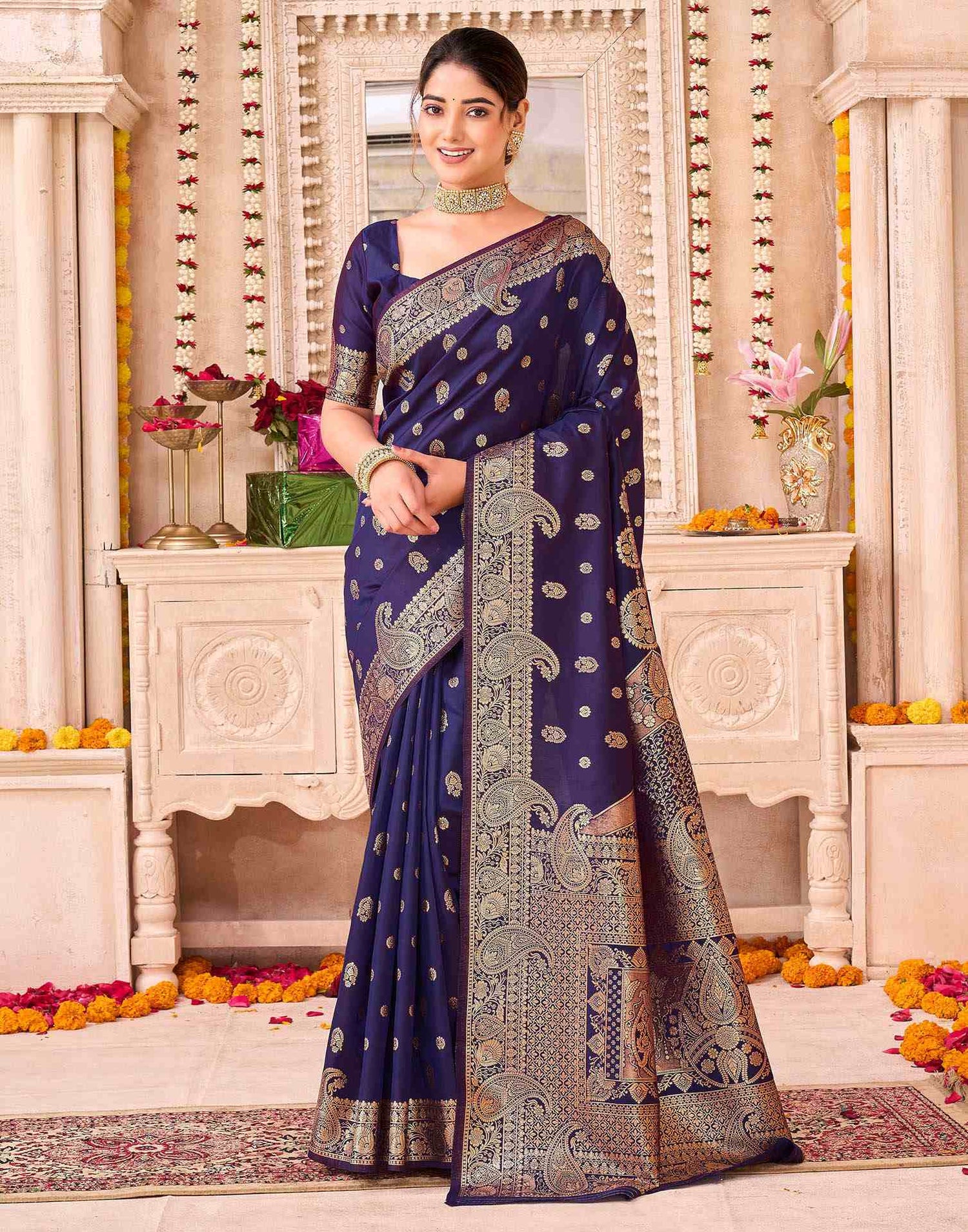 Navy Blue Silk Woven Saree