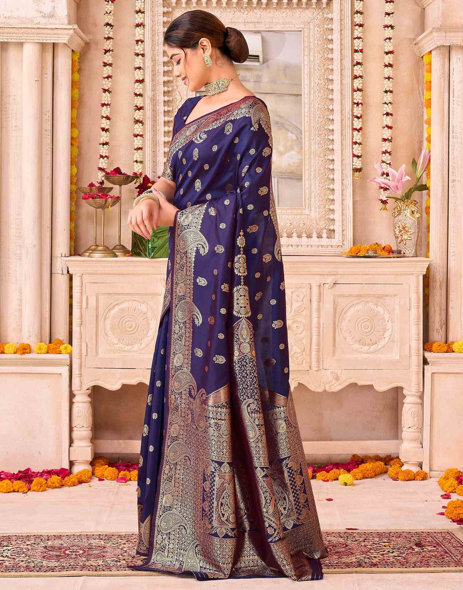 Navy Blue Silk Woven Saree