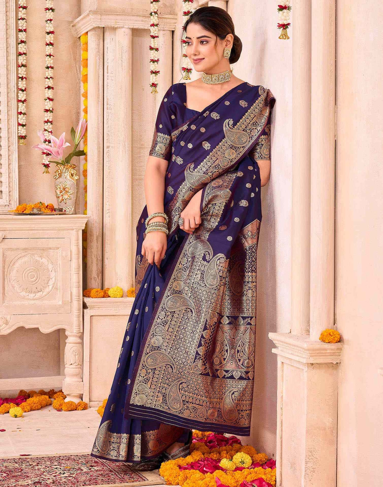 Navy Blue Silk Woven Saree