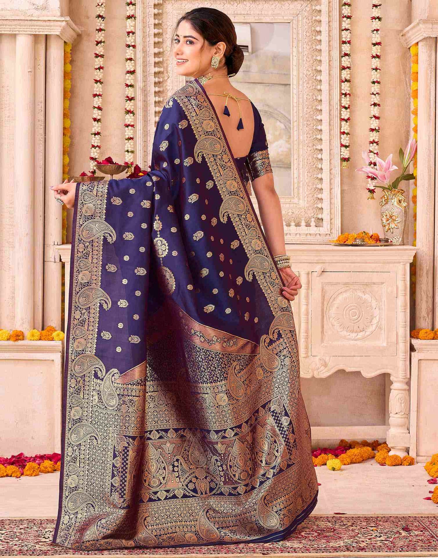 Navy Blue Silk Woven Saree