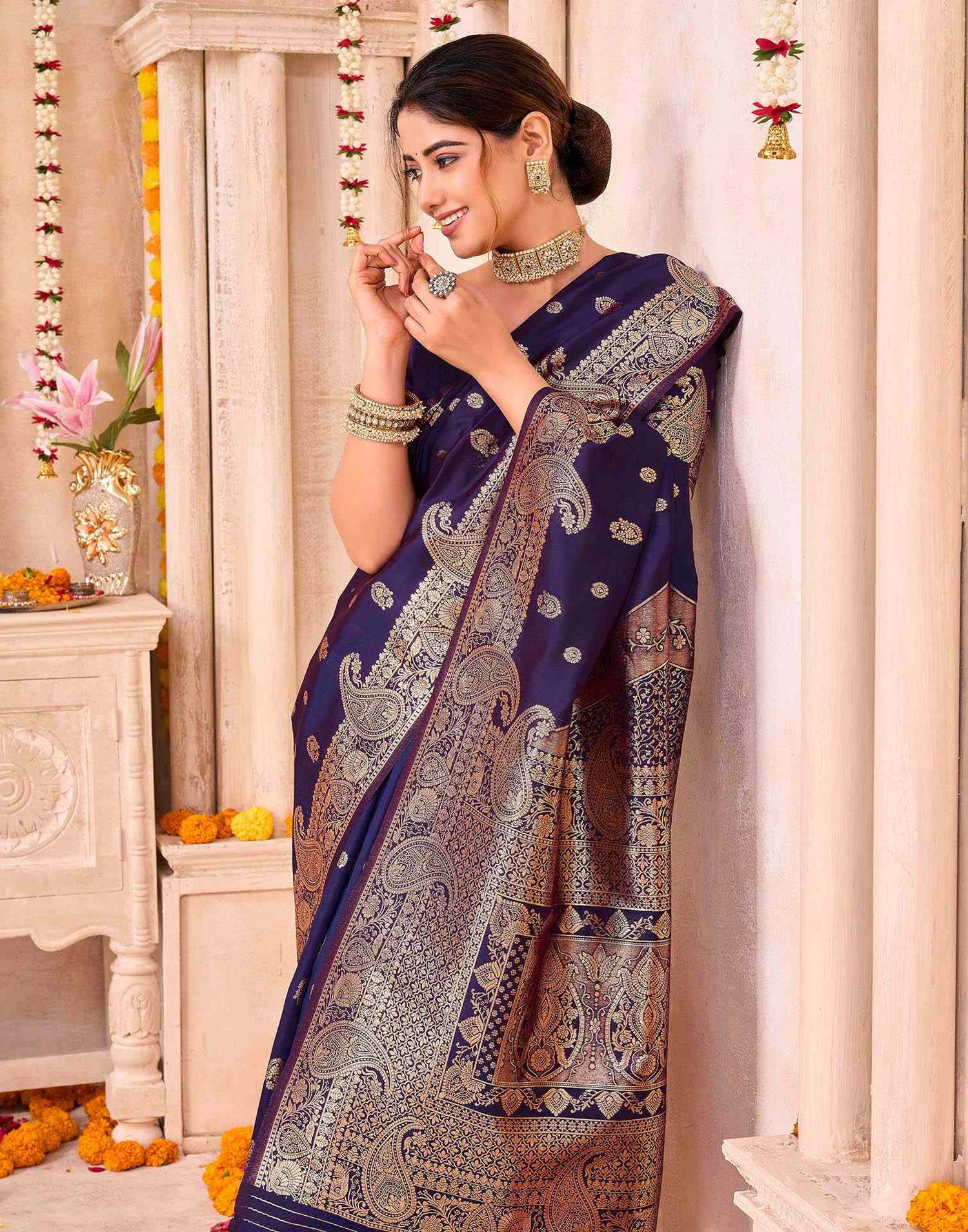 Navy Blue Silk Woven Saree