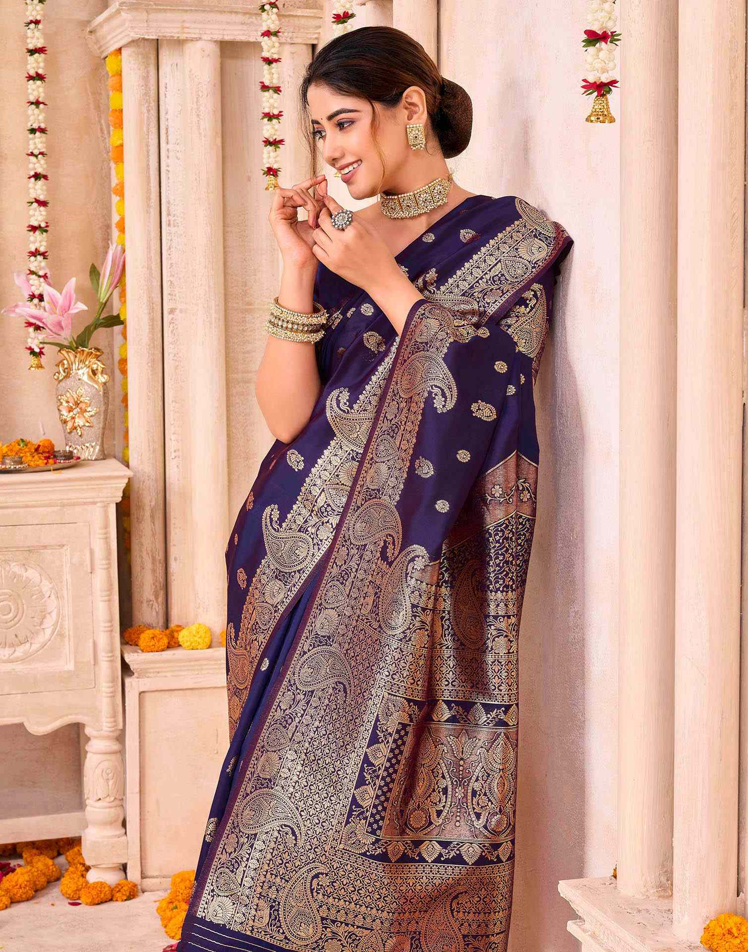Navy Blue Silk Woven Saree
