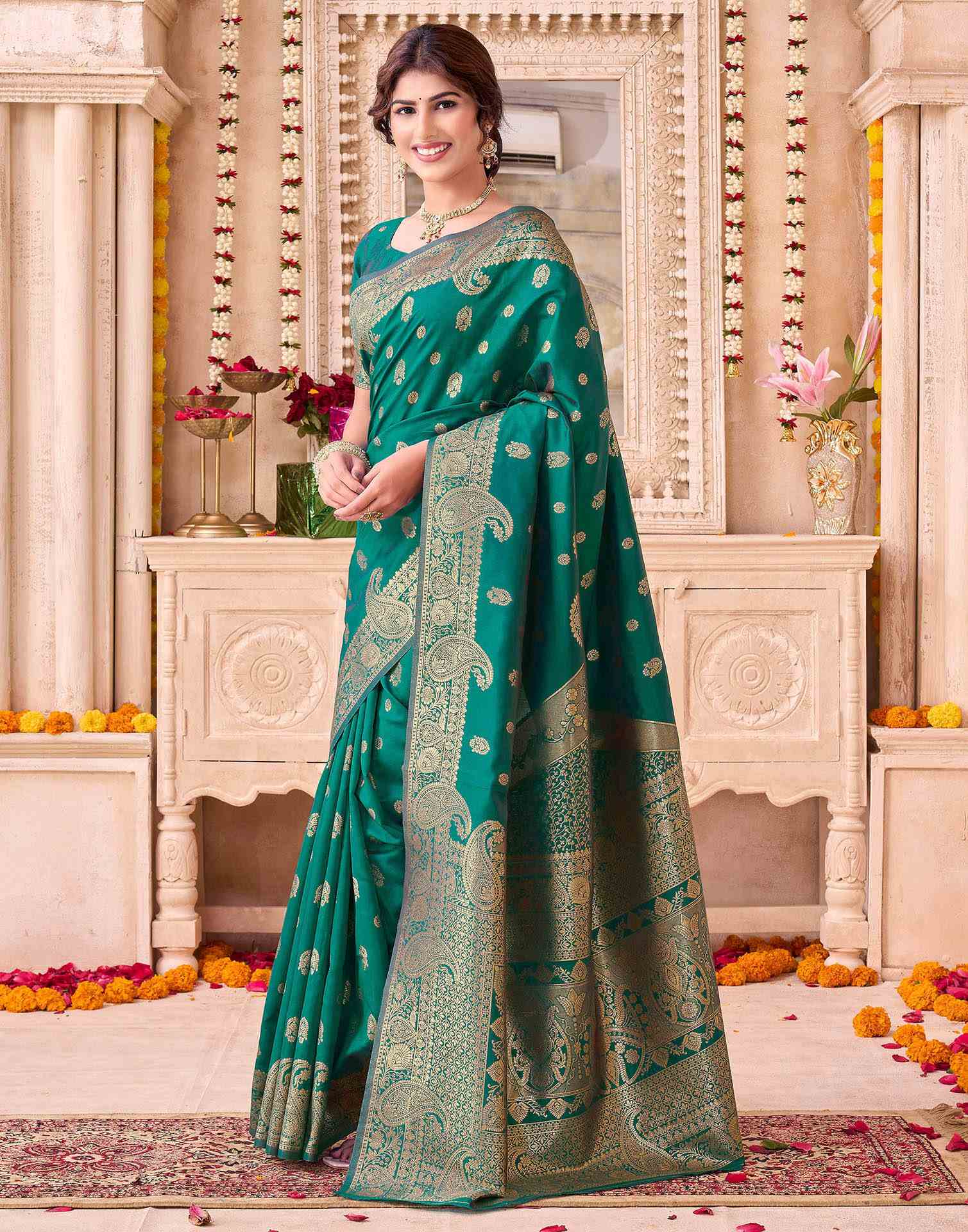 Teal Green Silk Woven Saree