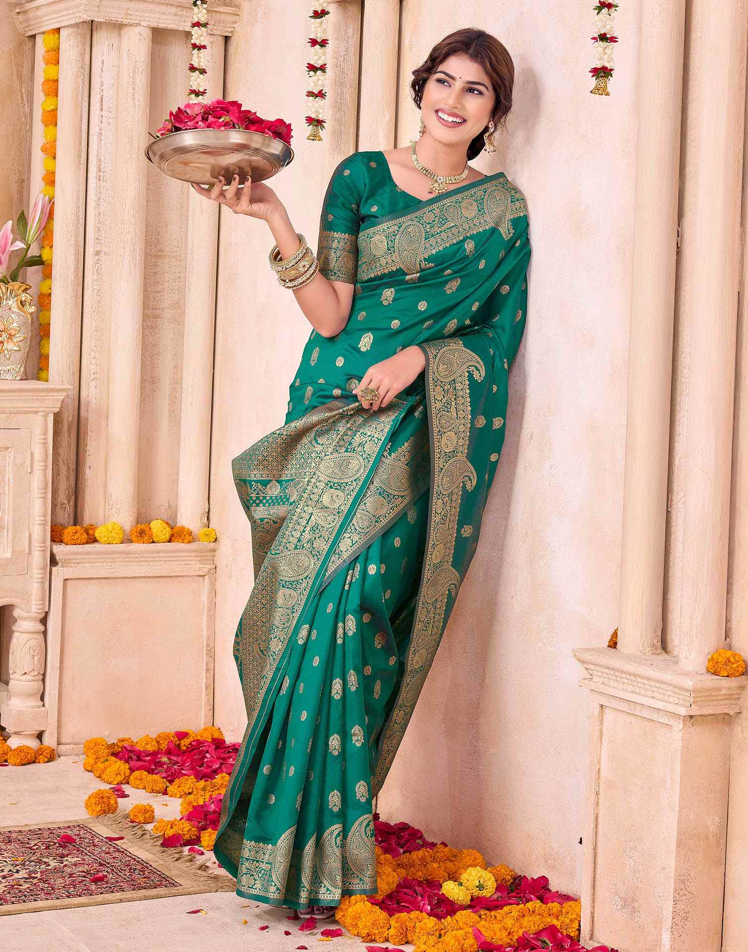 Teal Green Silk Woven Saree
