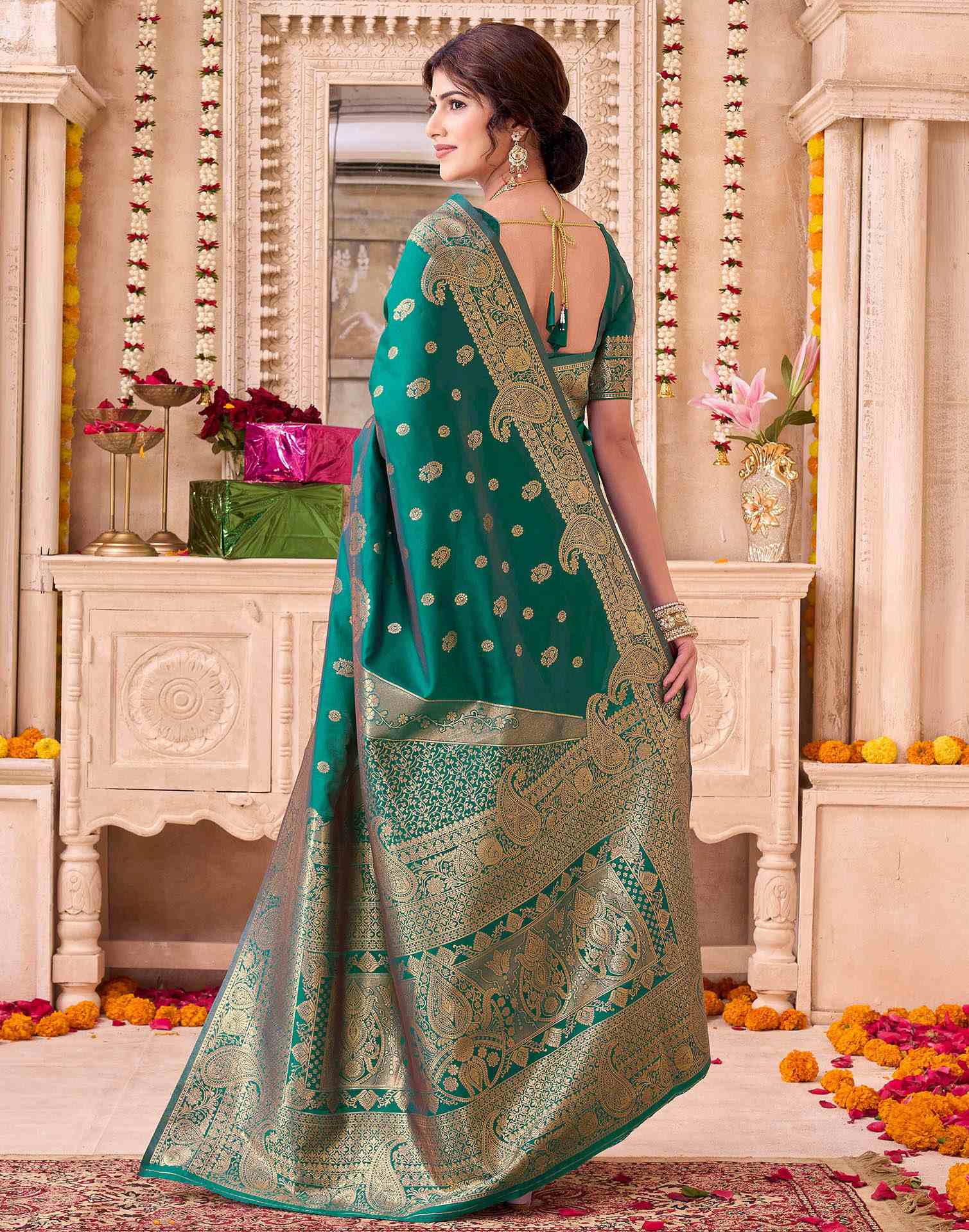 Teal Green Silk Woven Saree