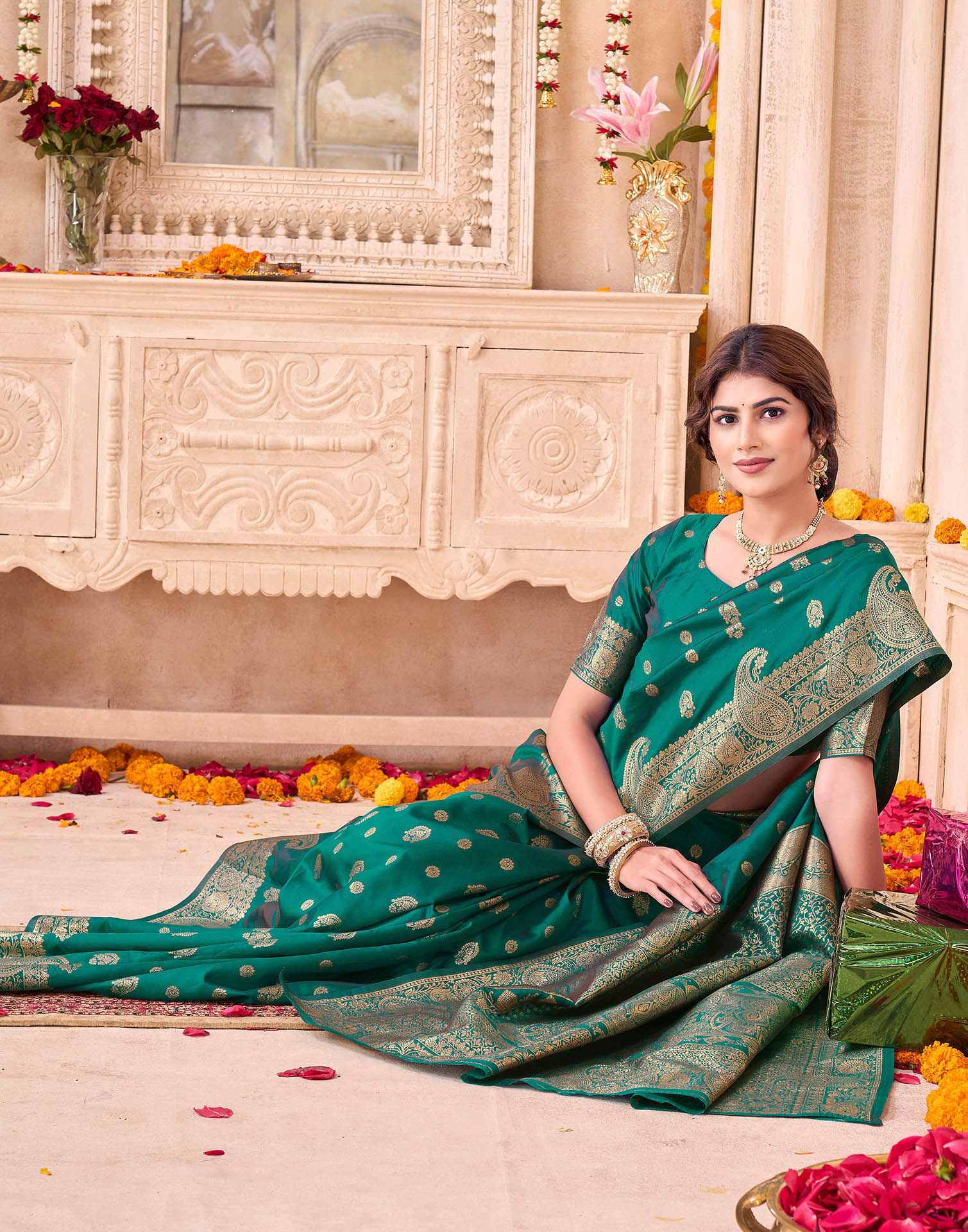 Teal Green Silk Woven Saree