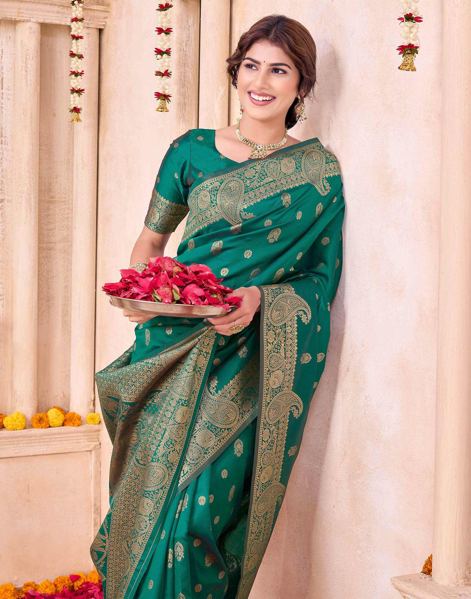 Teal Green Silk Woven Saree