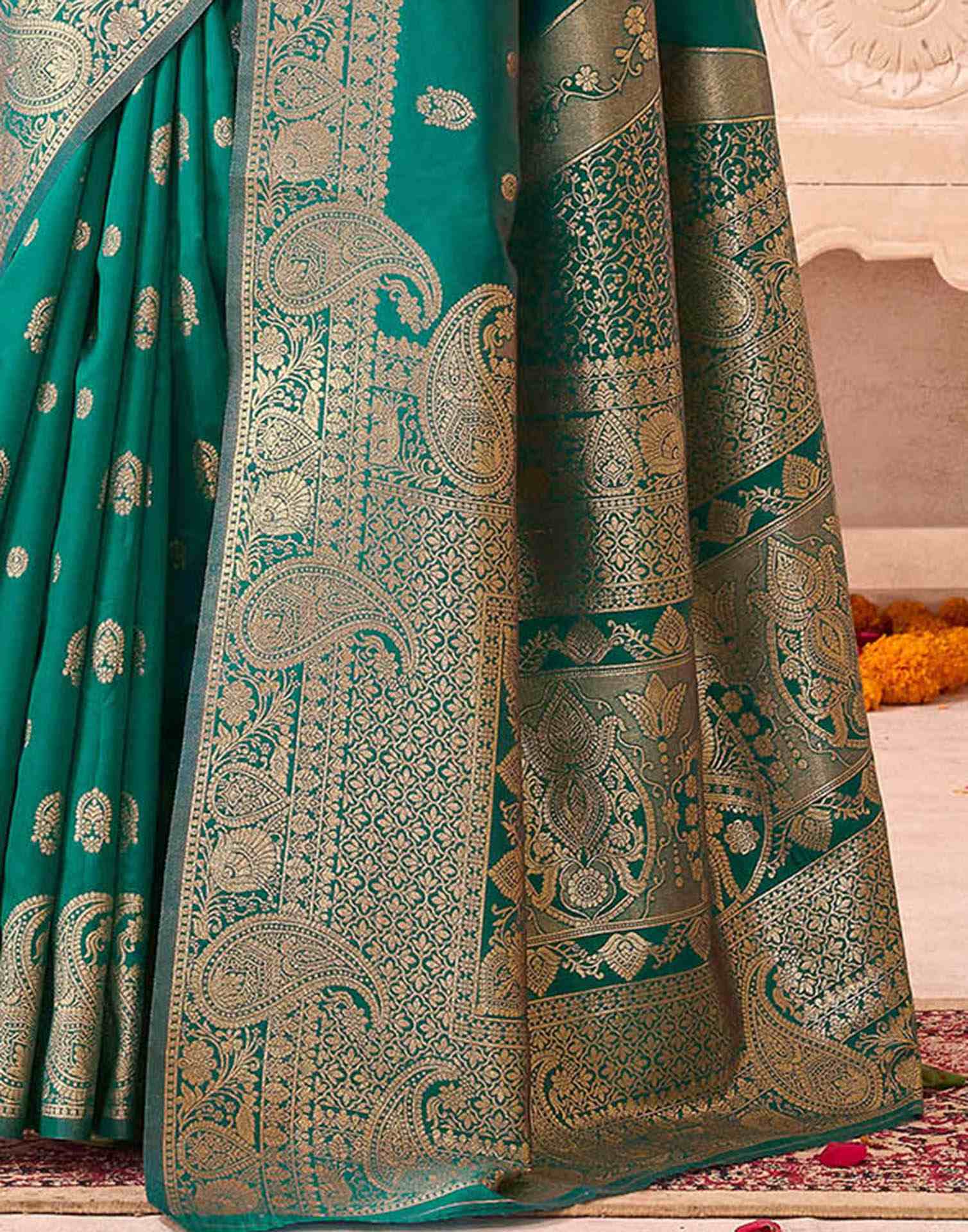 Teal Green Silk Woven Saree