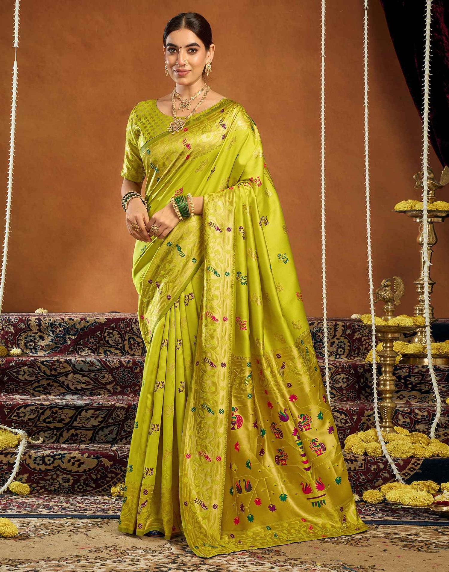 Lime Green Silk Woven Paithani Saree