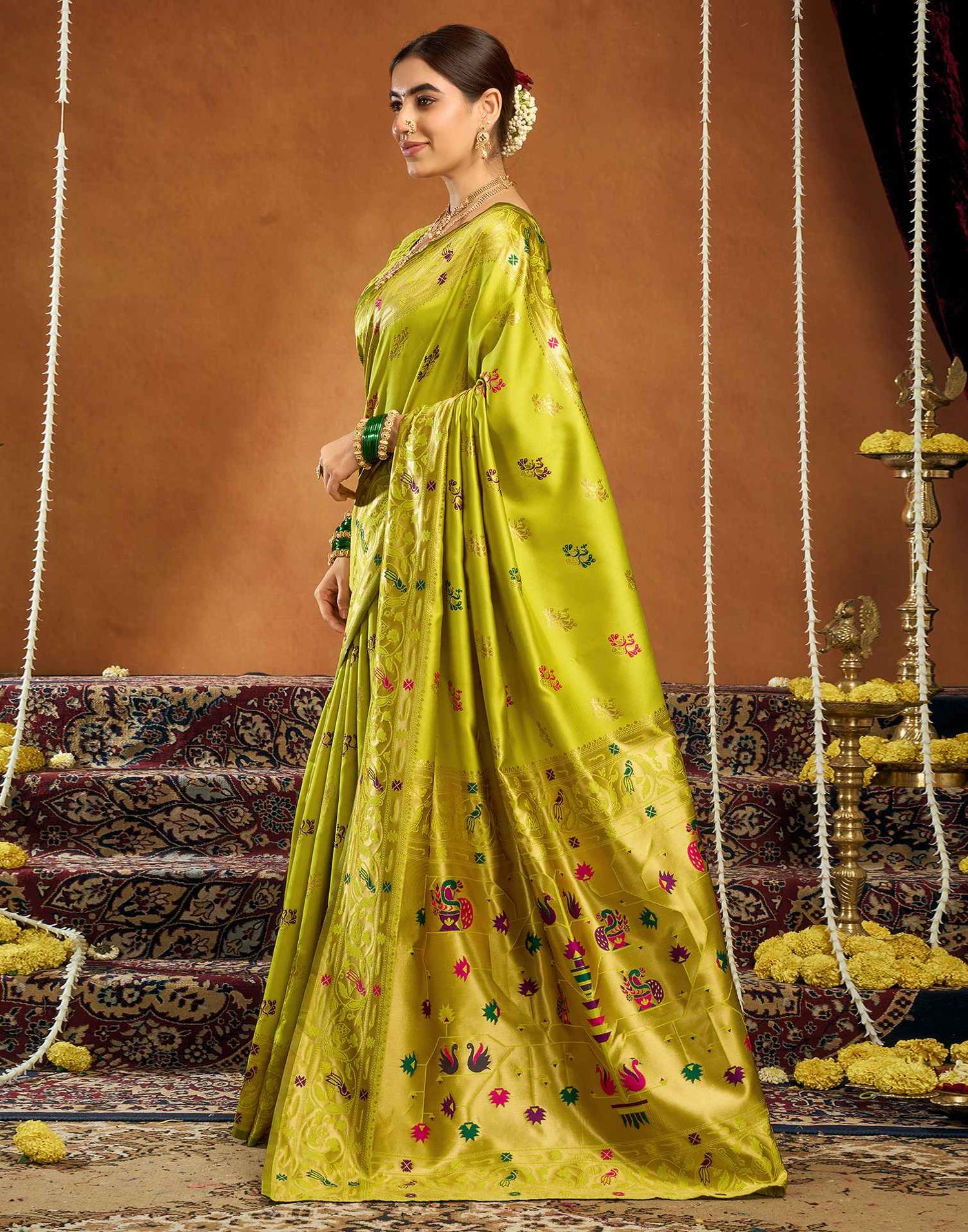 Lime Green Silk Woven Paithani Saree