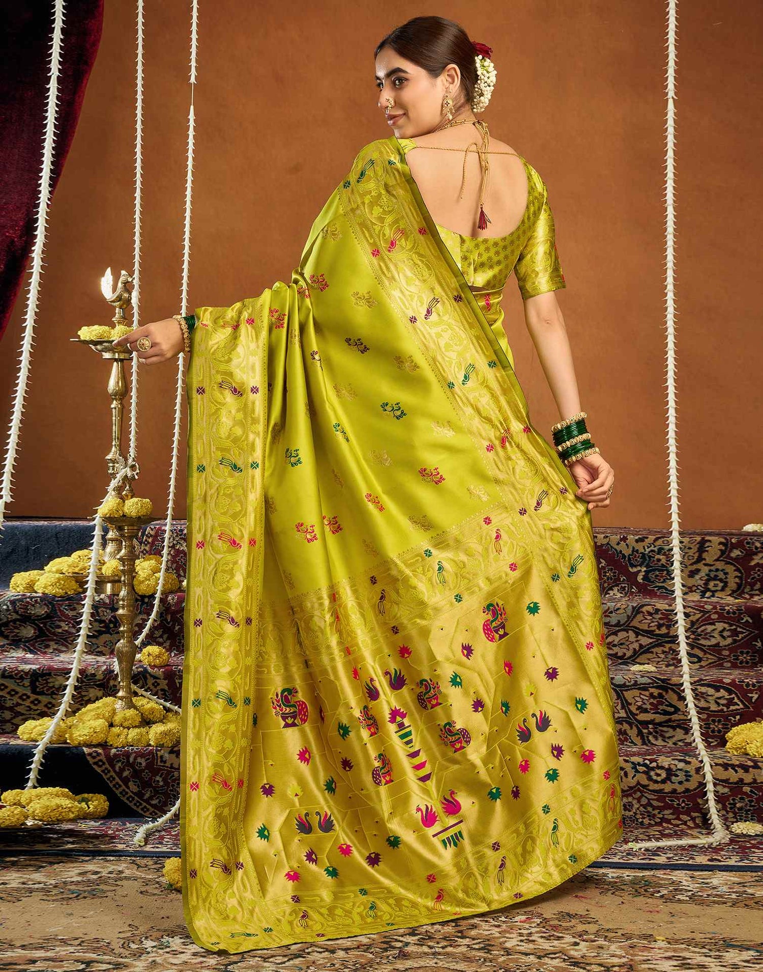 Lime Green Silk Woven Paithani Saree