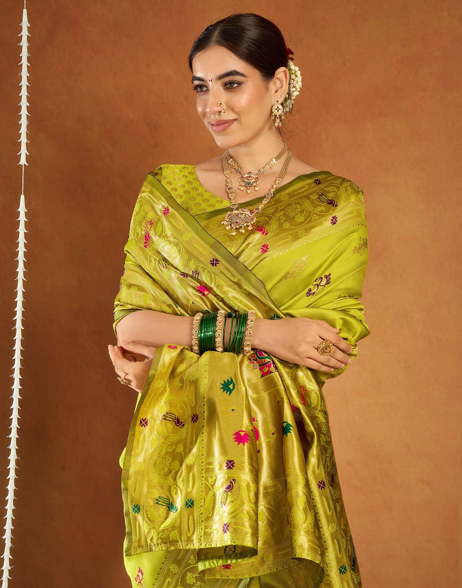 Lime Green Silk Woven Paithani Saree