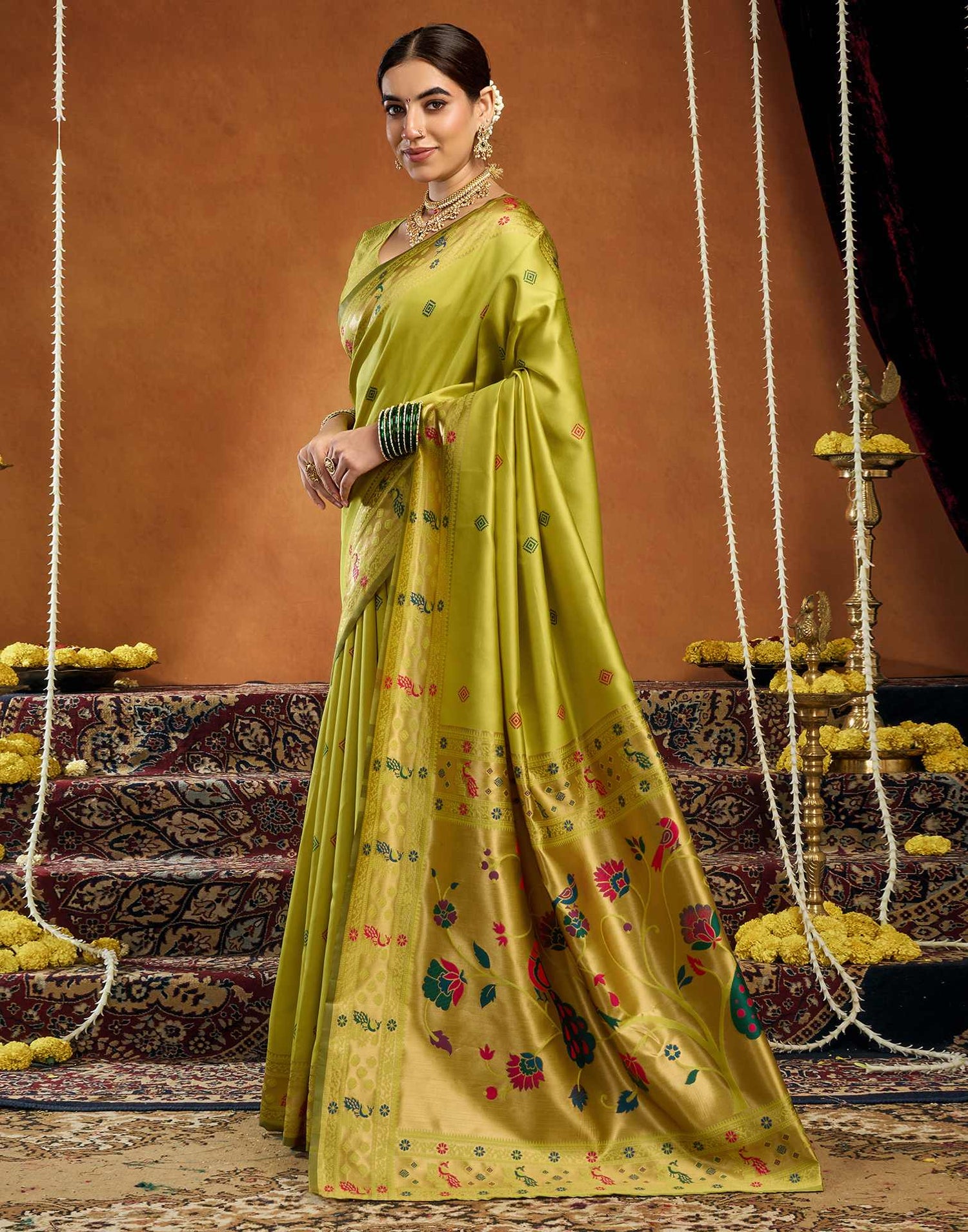 Lime Green Silk Woven Paithani Saree