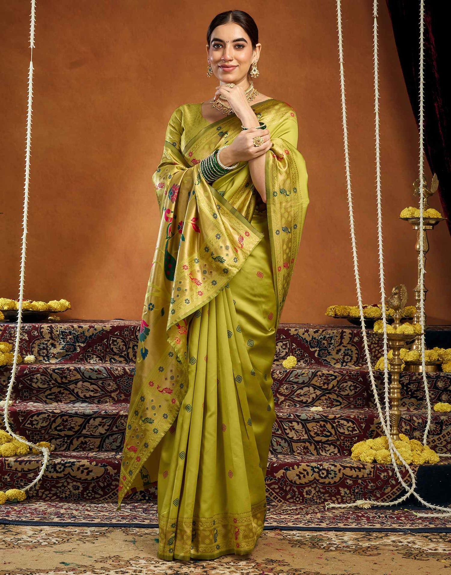 Lime Green Silk Woven Paithani Saree