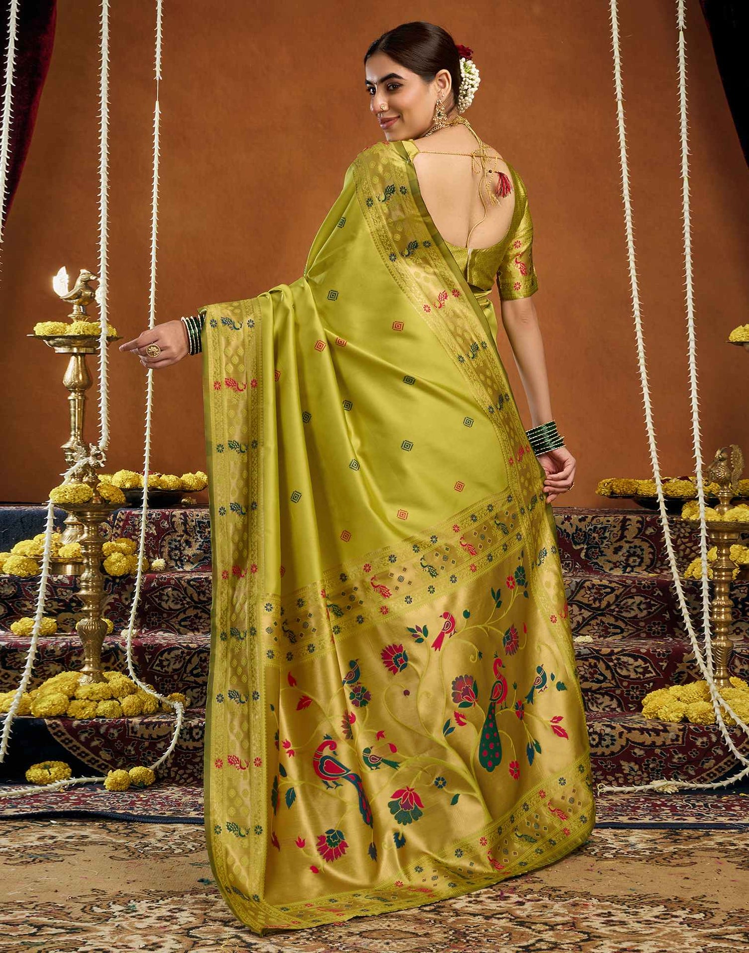 Lime Green Silk Woven Paithani Saree